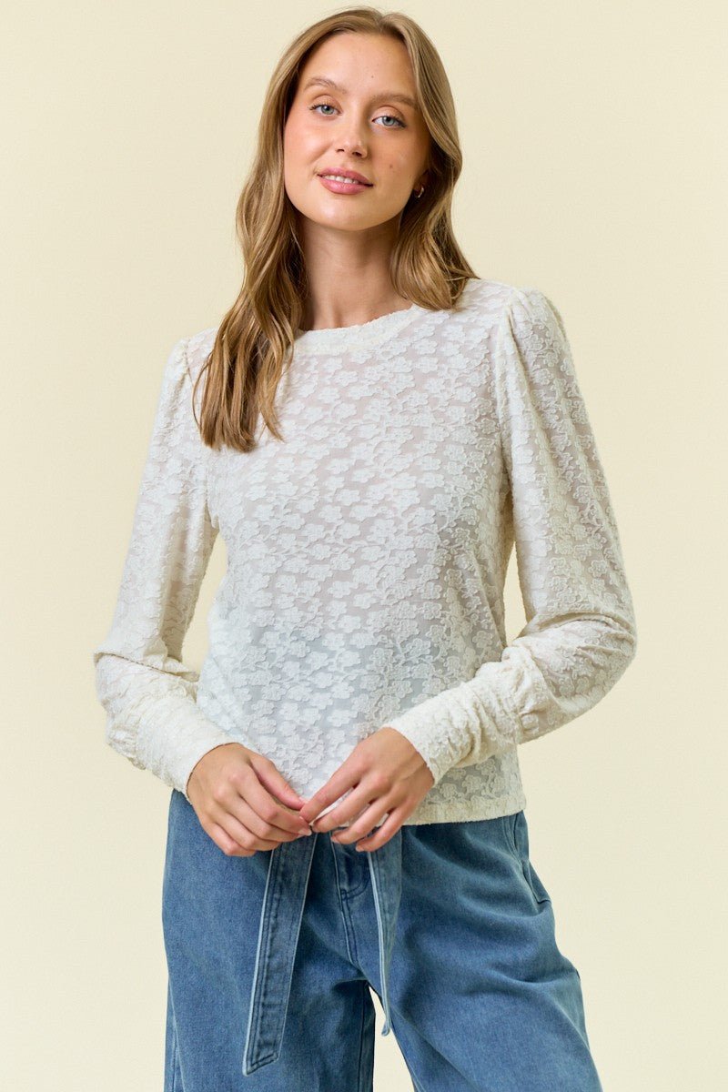 Textured Knit Jacquard Puff Sleeve Top - Mainstream Boutique