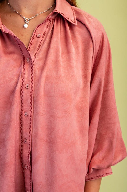 Satin Balloon Sleeve Button Down Top - Mainstream Boutique