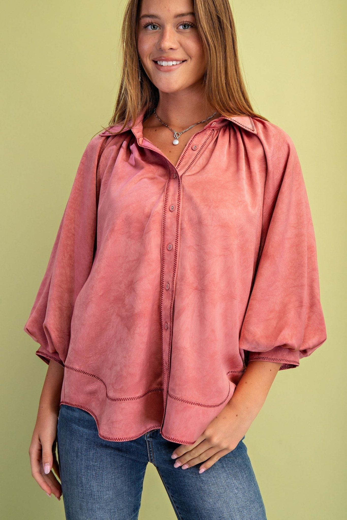 Satin Balloon Sleeve Button Down Top - Mainstream Boutique