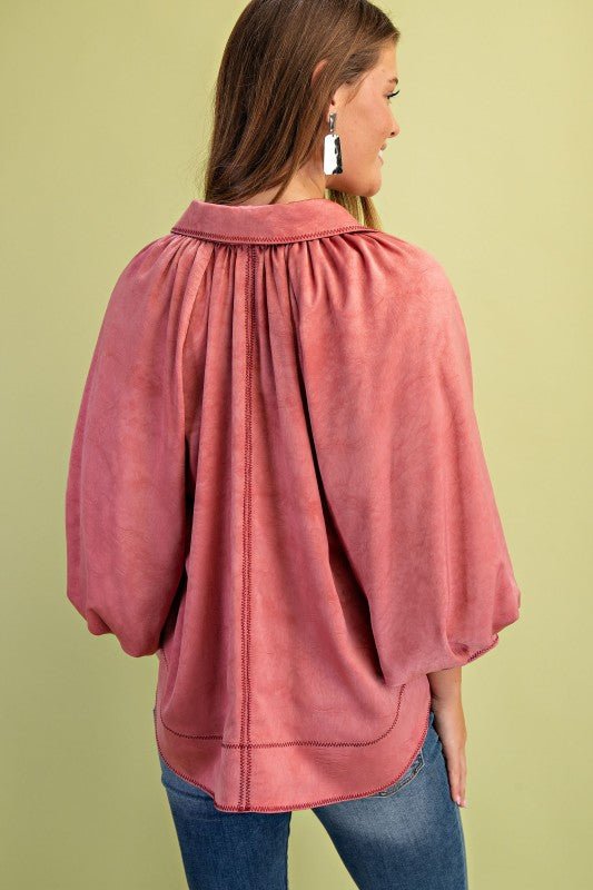 Satin Balloon Sleeve Button Down Top - Mainstream Boutique