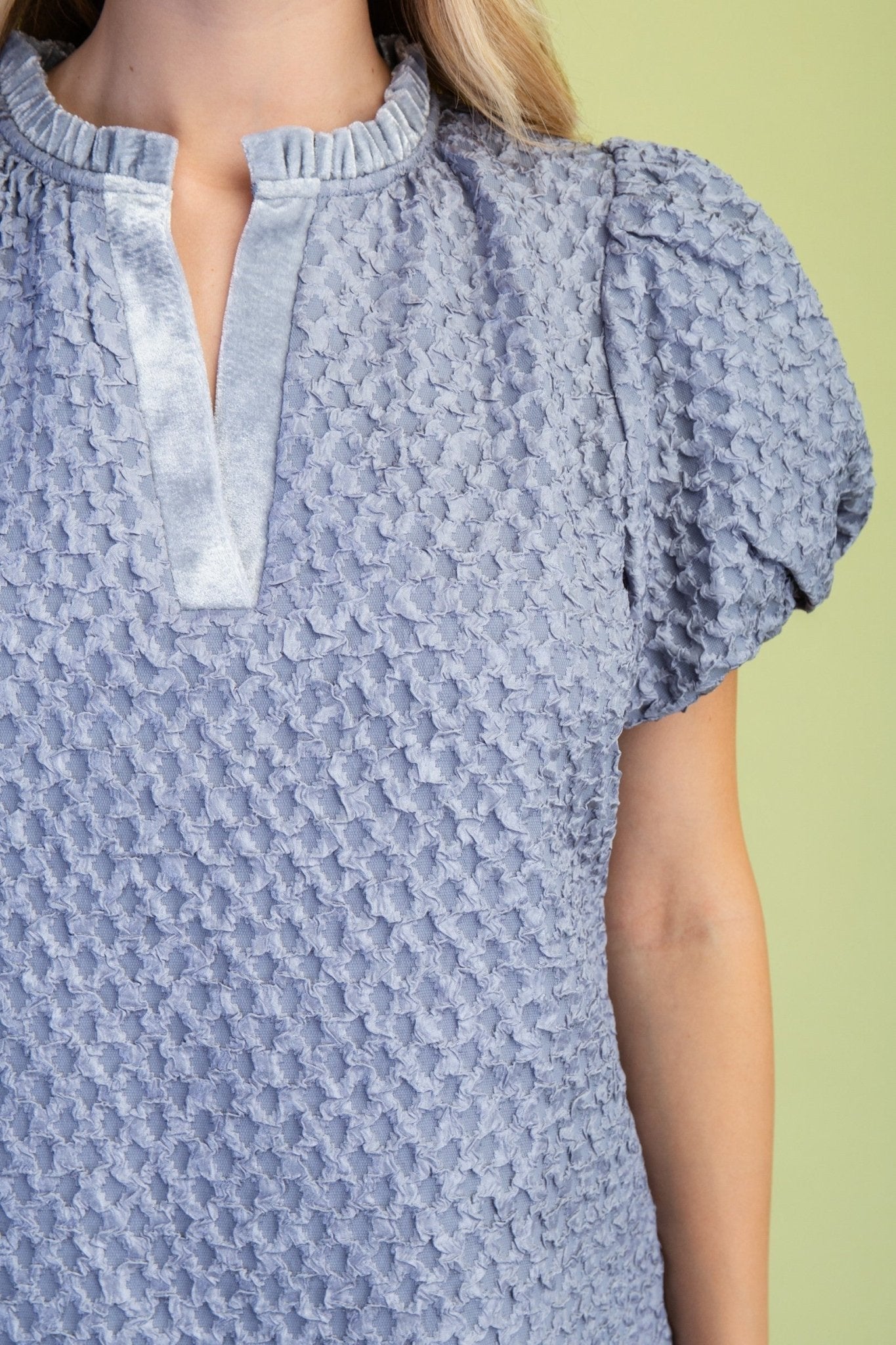 Textured Puff Sleeve Top With Velveteen Accented Ruffled V Neck - Mainstream Boutique
