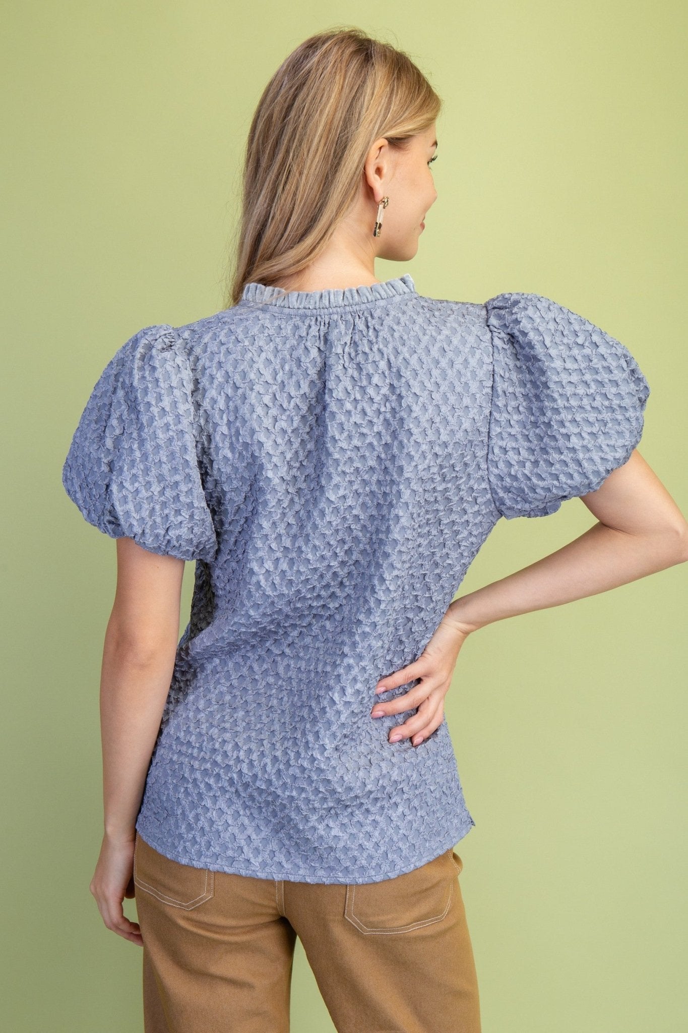 Textured Puff Sleeve Top With Velveteen Accented Ruffled V Neck - Mainstream Boutique