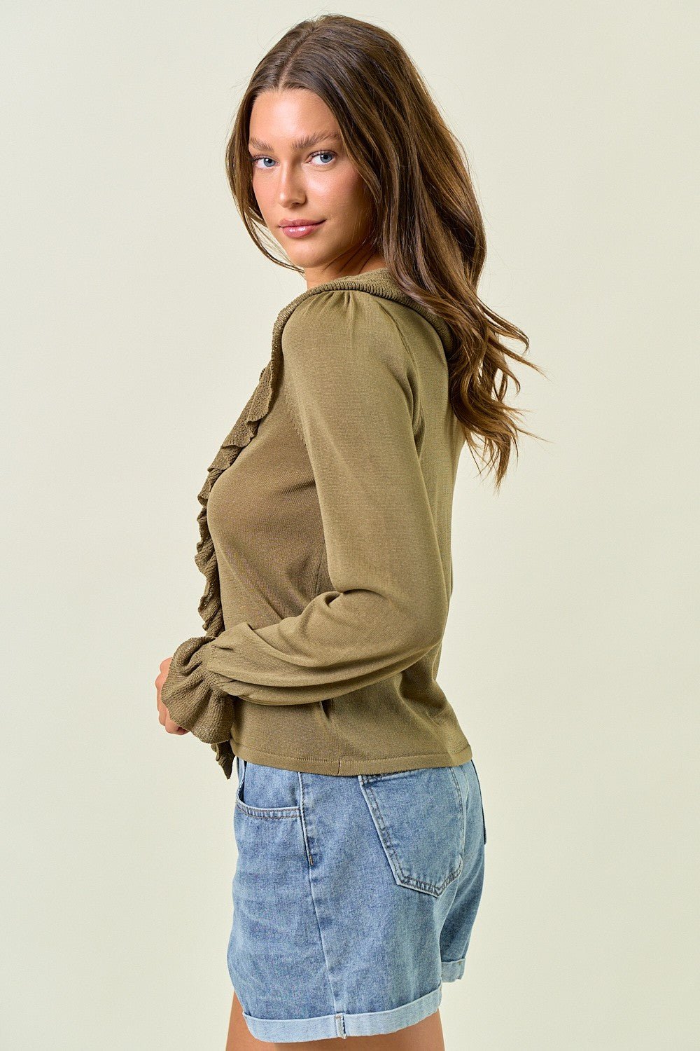 Ruffle Contrast Fine Gauge Button Front Top - Mainstream Boutique