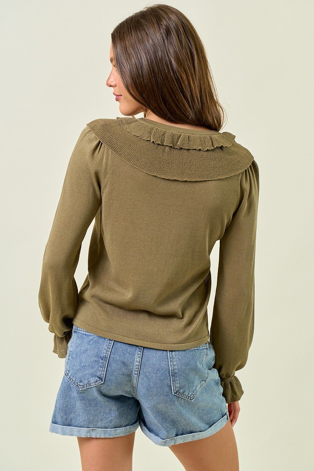 Ruffle Contrast Fine Gauge Button Front Top - Mainstream Boutique