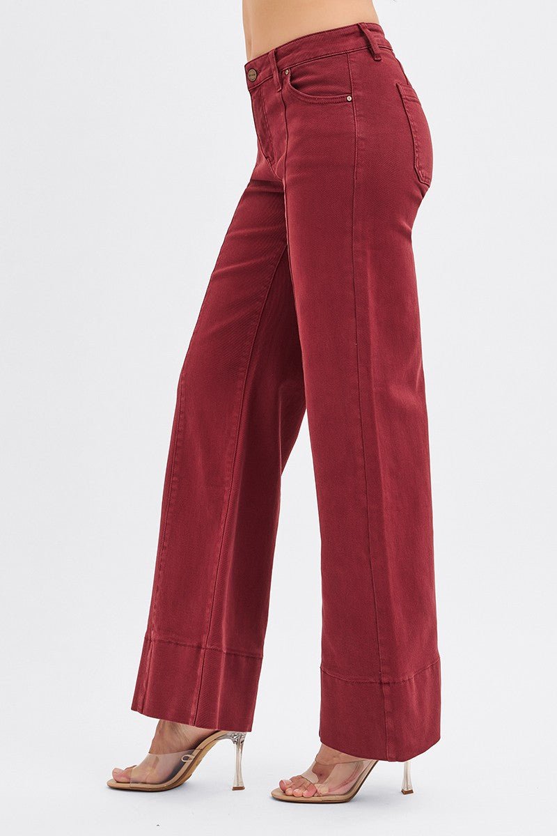 Mid Rise Super Wide Leg Jean With Seaming Detail - Wine - Mainstream Boutique