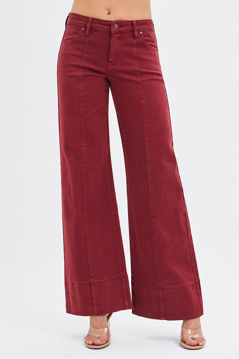 Mid Rise Super Wide Leg Jean With Seaming Detail - Wine - Mainstream Boutique