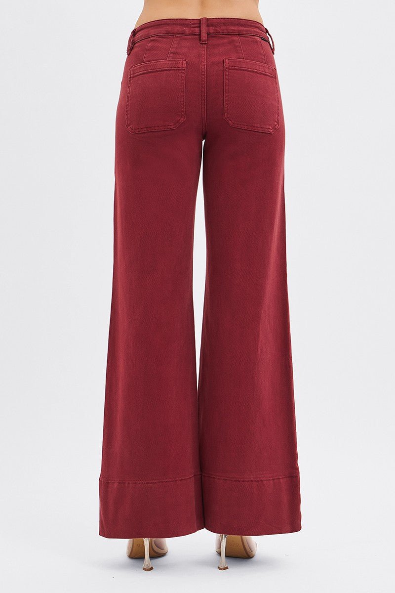Mid Rise Super Wide Leg Jean With Seaming Detail - Wine - Mainstream Boutique