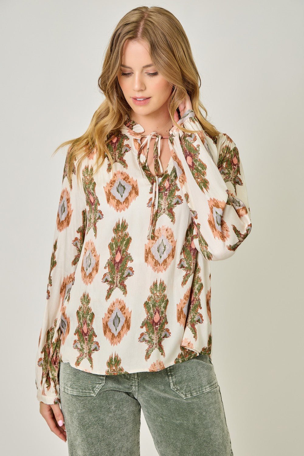 Printed Tie - Neck Peasant Blouse - Mainstream Boutique