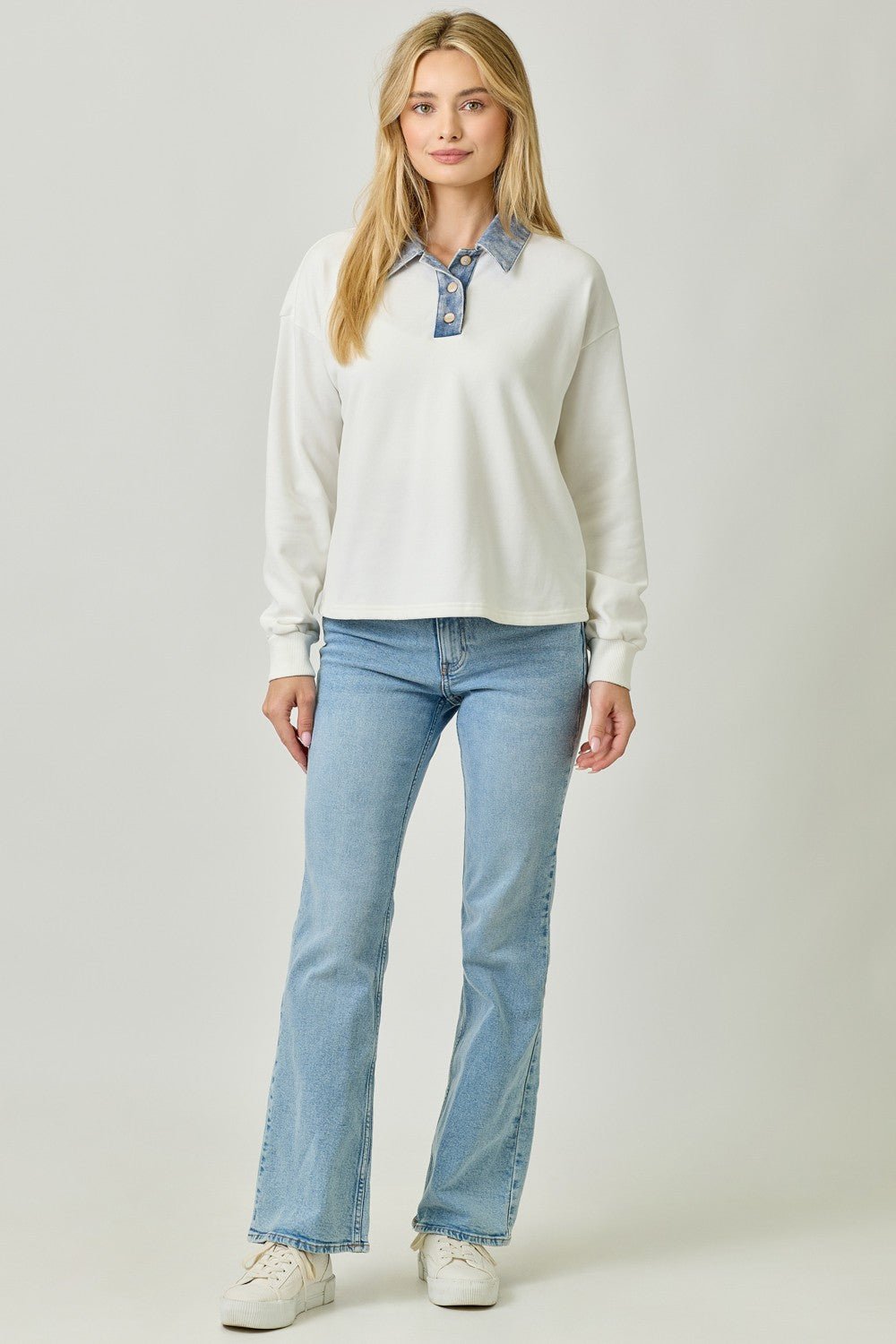 Denim Collar Washed Polo Shirt - Mainstream Boutique