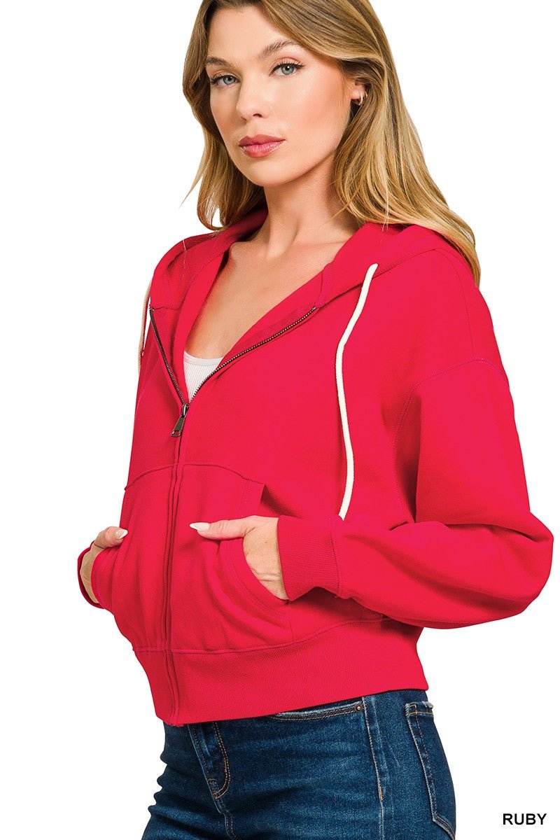 Fleece Cropped Zip - up Hoodie W Pockets - Mainstream Boutique