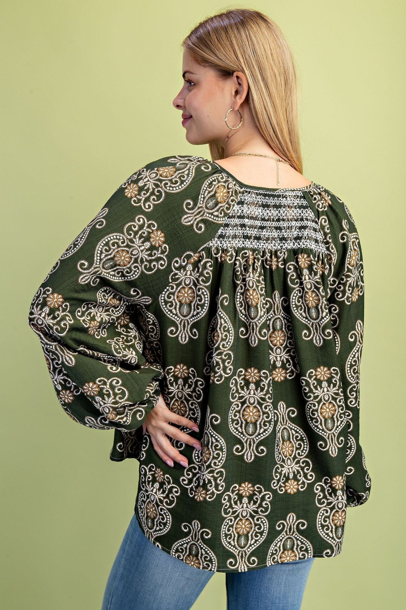 Printed Balloon Sleeve V Neck Block With Decorative Smocking - Mainstream Boutique