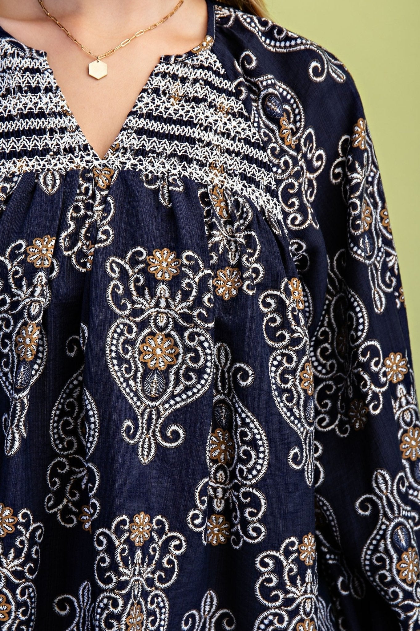 Printed Balloon Sleeve V Neck Block With Decorative Smocking - Mainstream Boutique