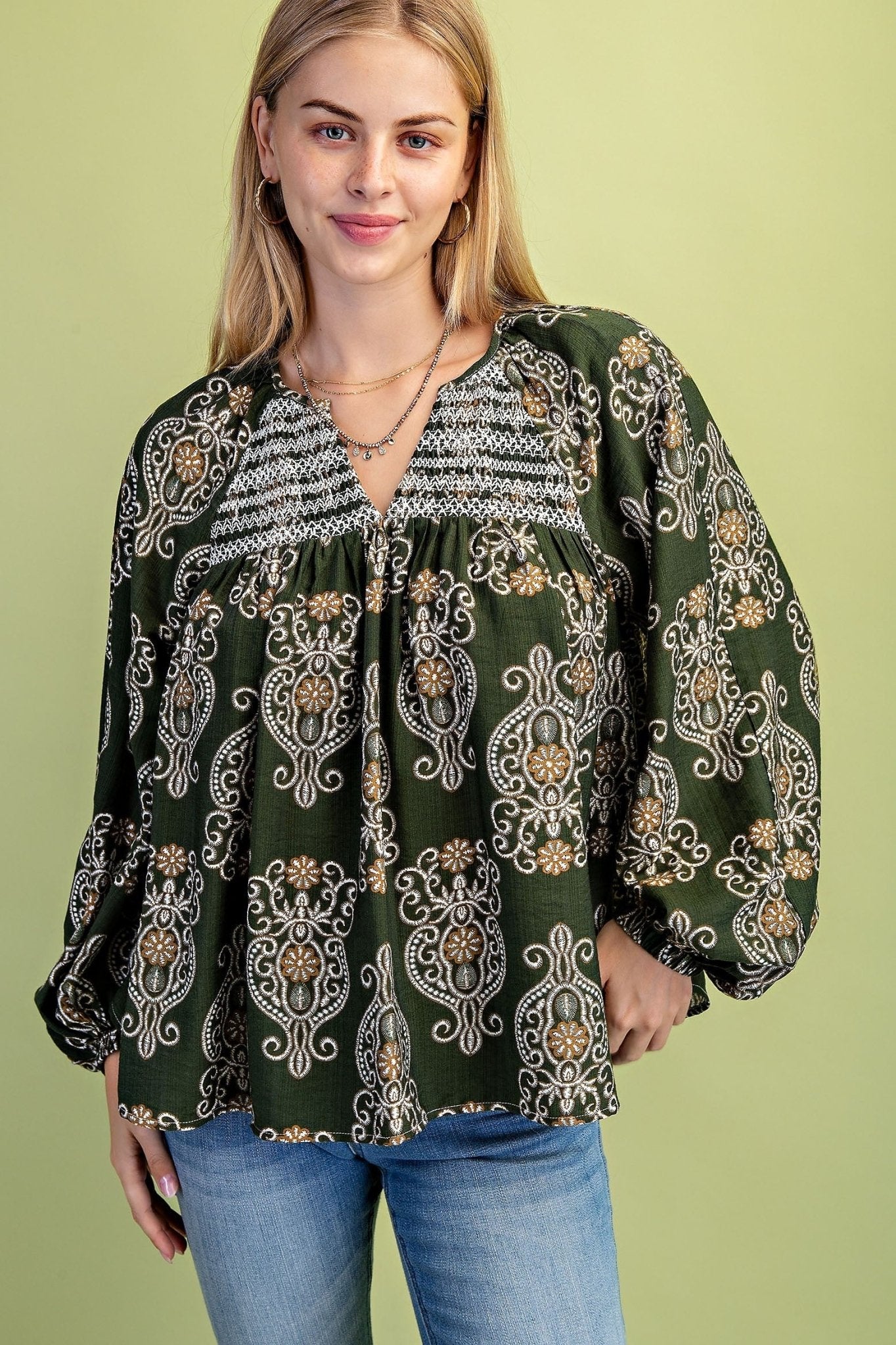 Printed Balloon Sleeve V Neck Block With Decorative Smocking - Mainstream Boutique