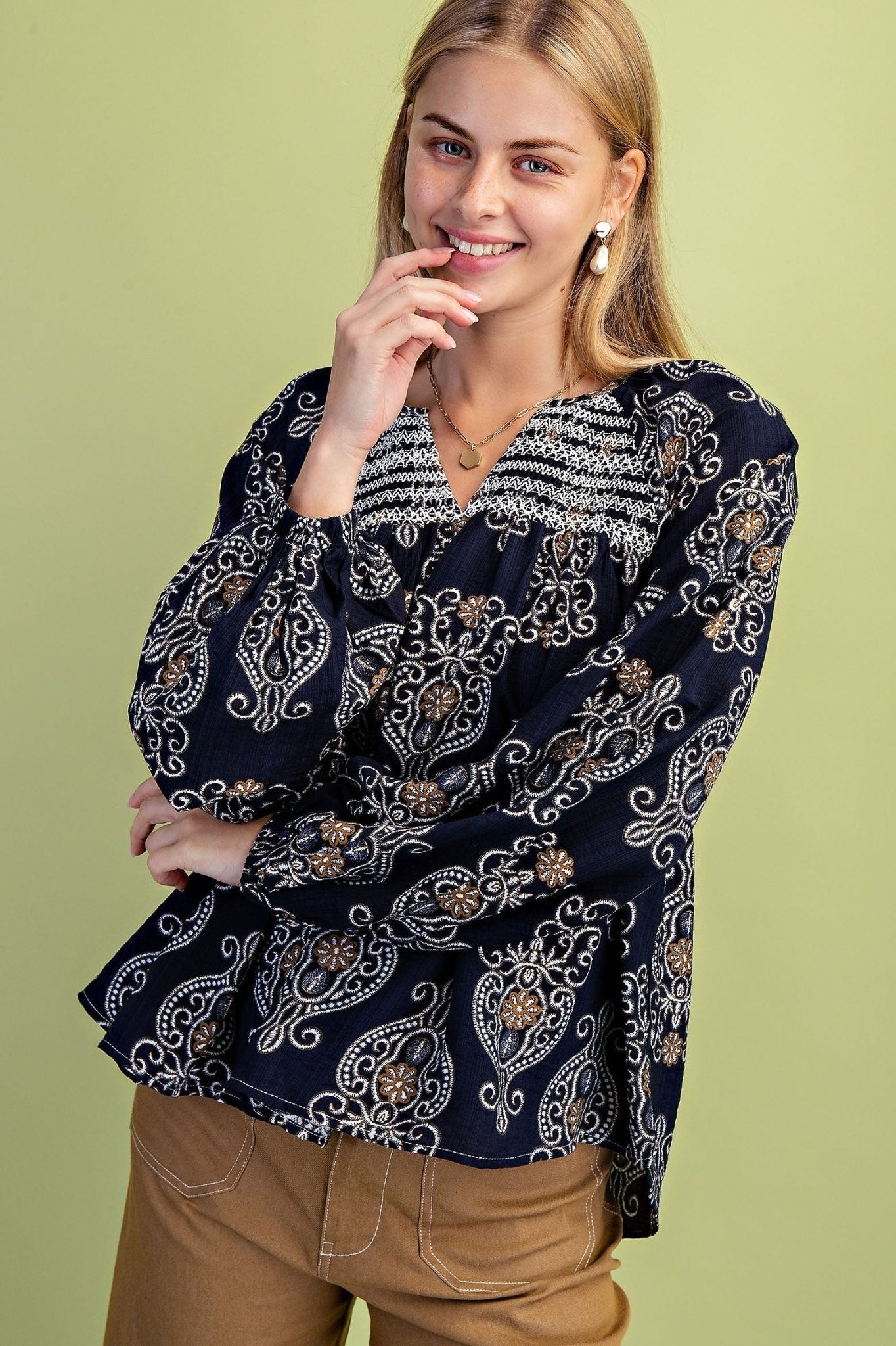 Printed Balloon Sleeve V Neck Block With Decorative Smocking - Mainstream Boutique