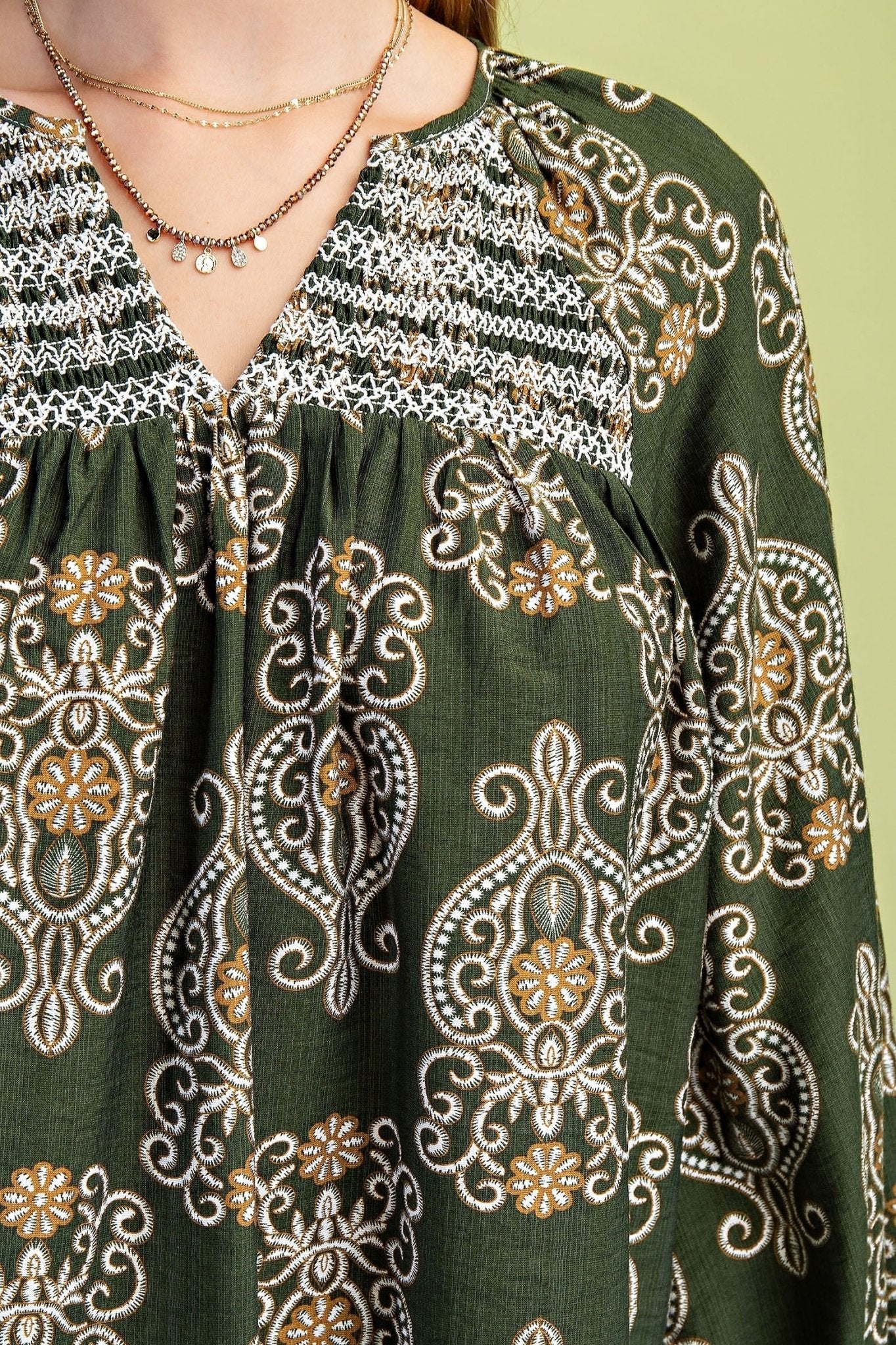 Printed Balloon Sleeve V Neck Block With Decorative Smocking - Mainstream Boutique