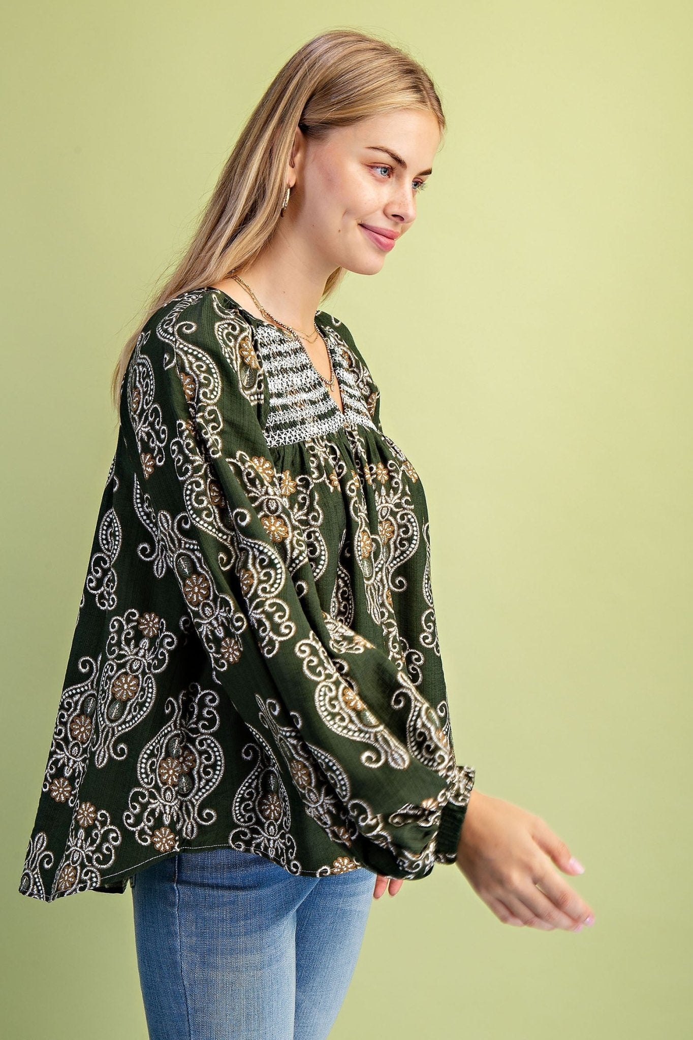 Printed Balloon Sleeve V Neck Block With Decorative Smocking - Mainstream Boutique