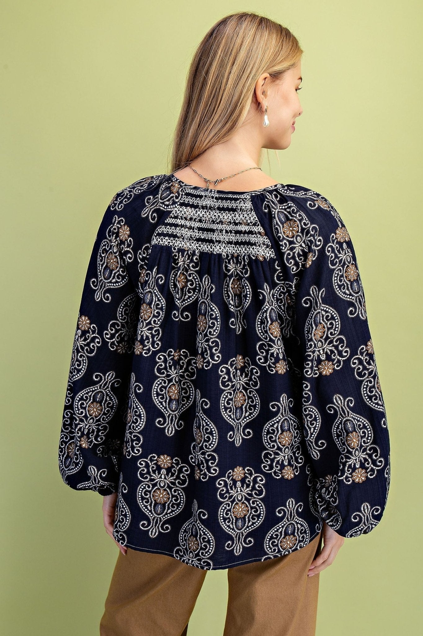 Printed Balloon Sleeve V Neck Block With Decorative Smocking - Mainstream Boutique