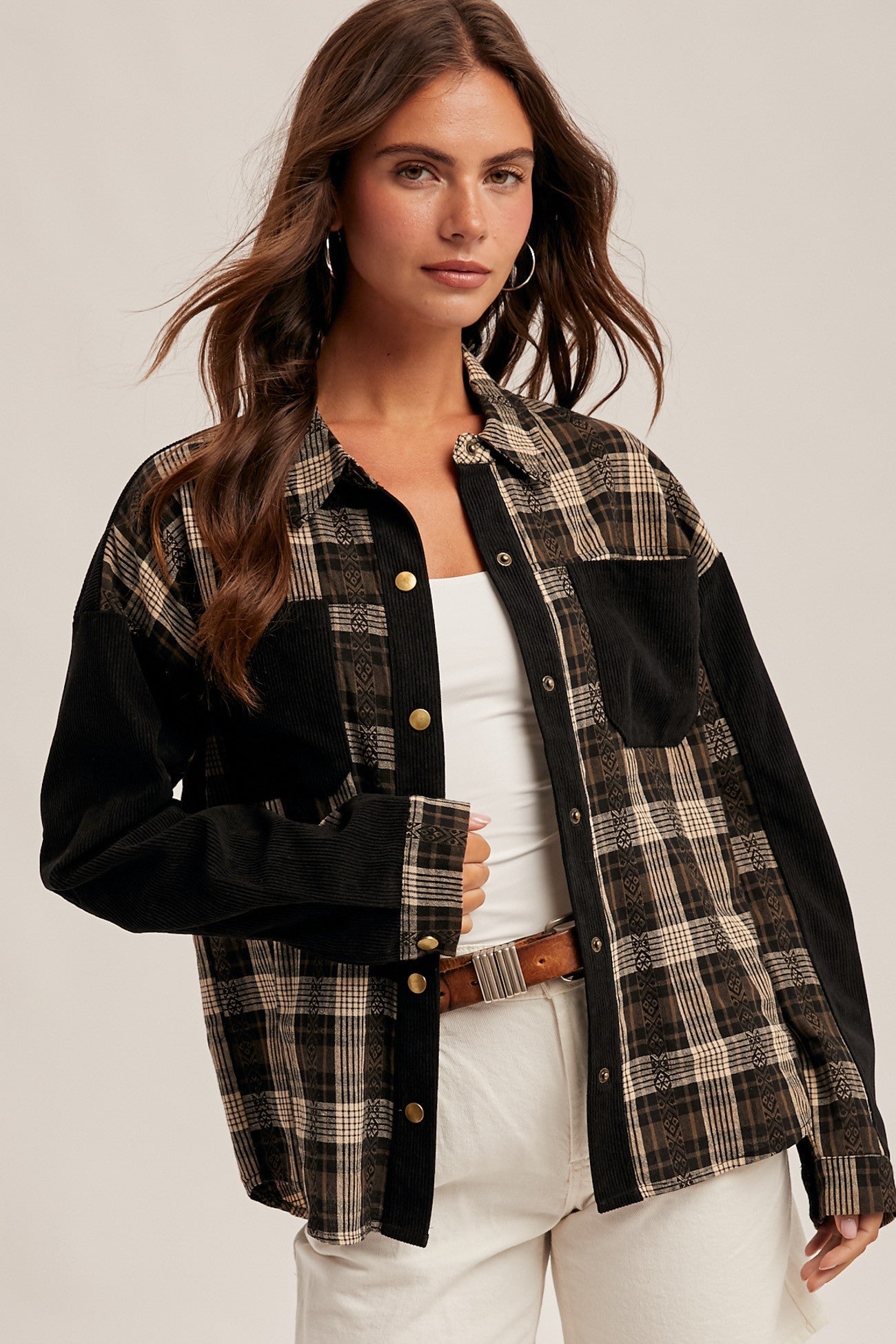 Corduroy Contrast Plaid Button Down Shirt - Mainstream Boutique