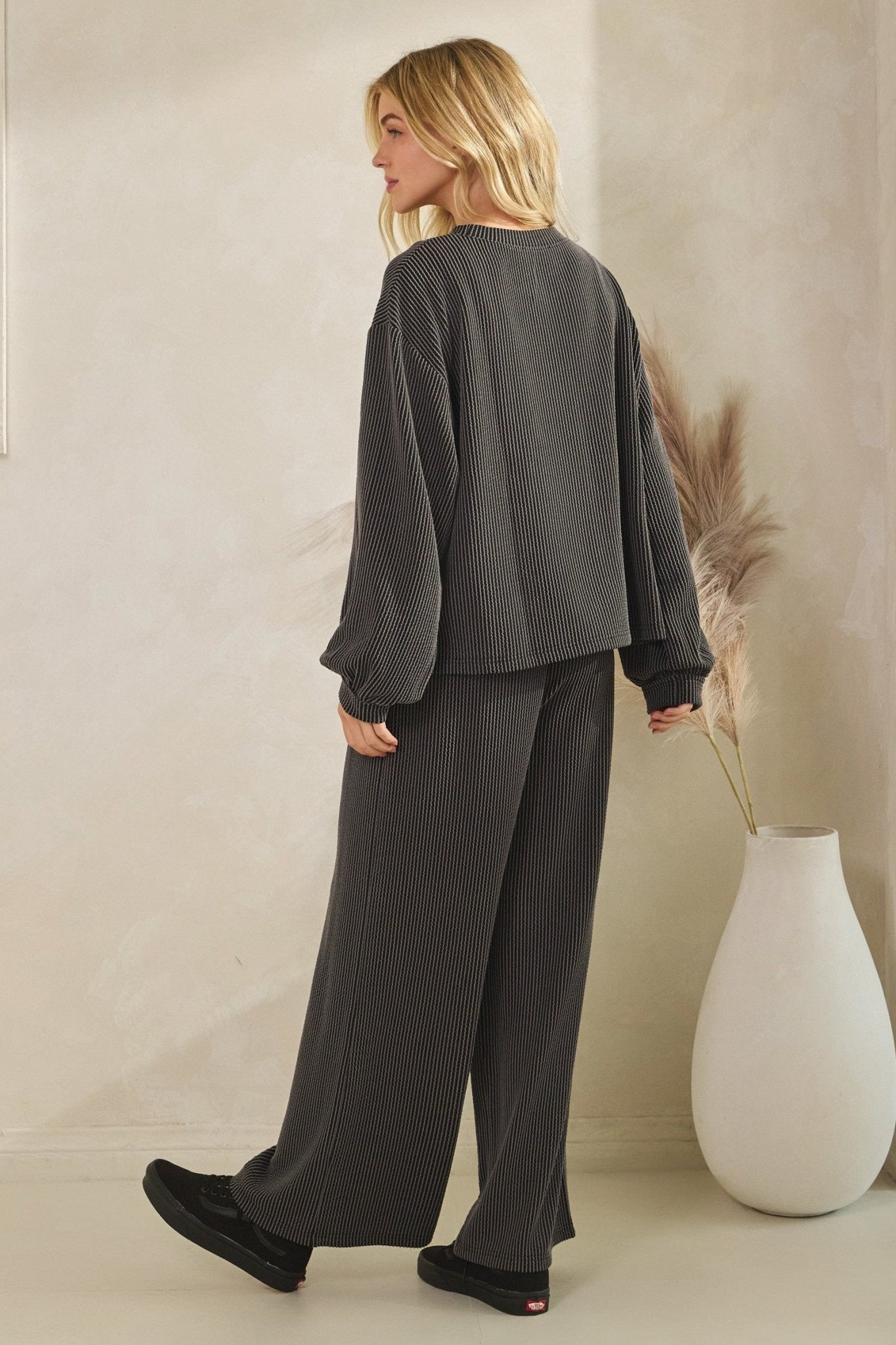 Ribbed Long Sleeve Top And Wide Leg Pant Set - Mainstream Boutique