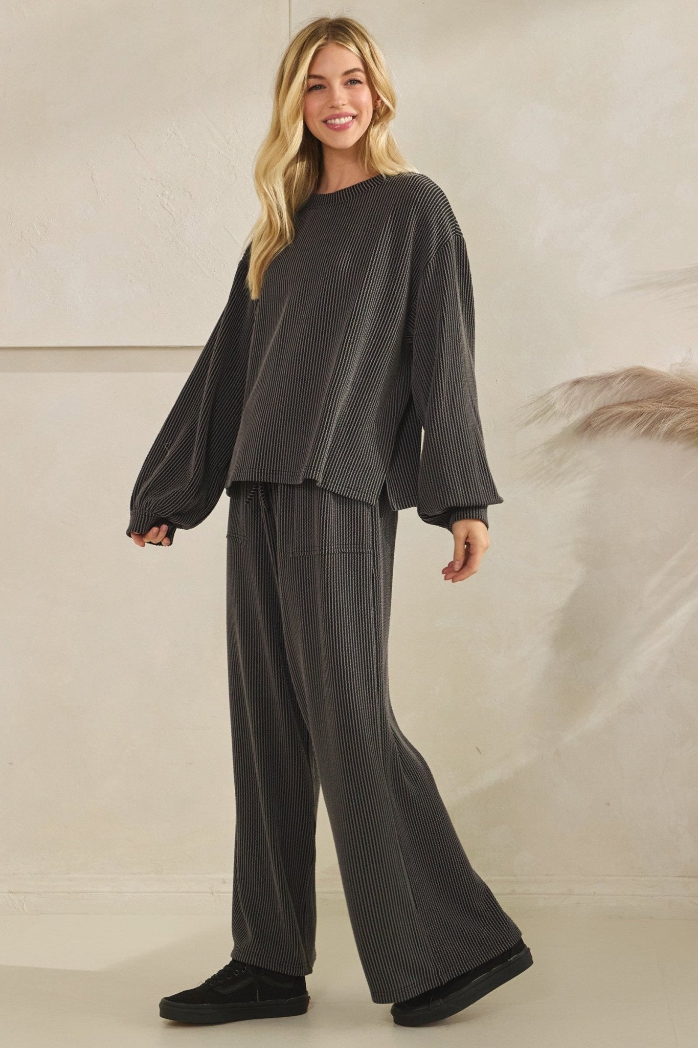 Ribbed Long Sleeve Top And Wide Leg Pant Set - Mainstream Boutique