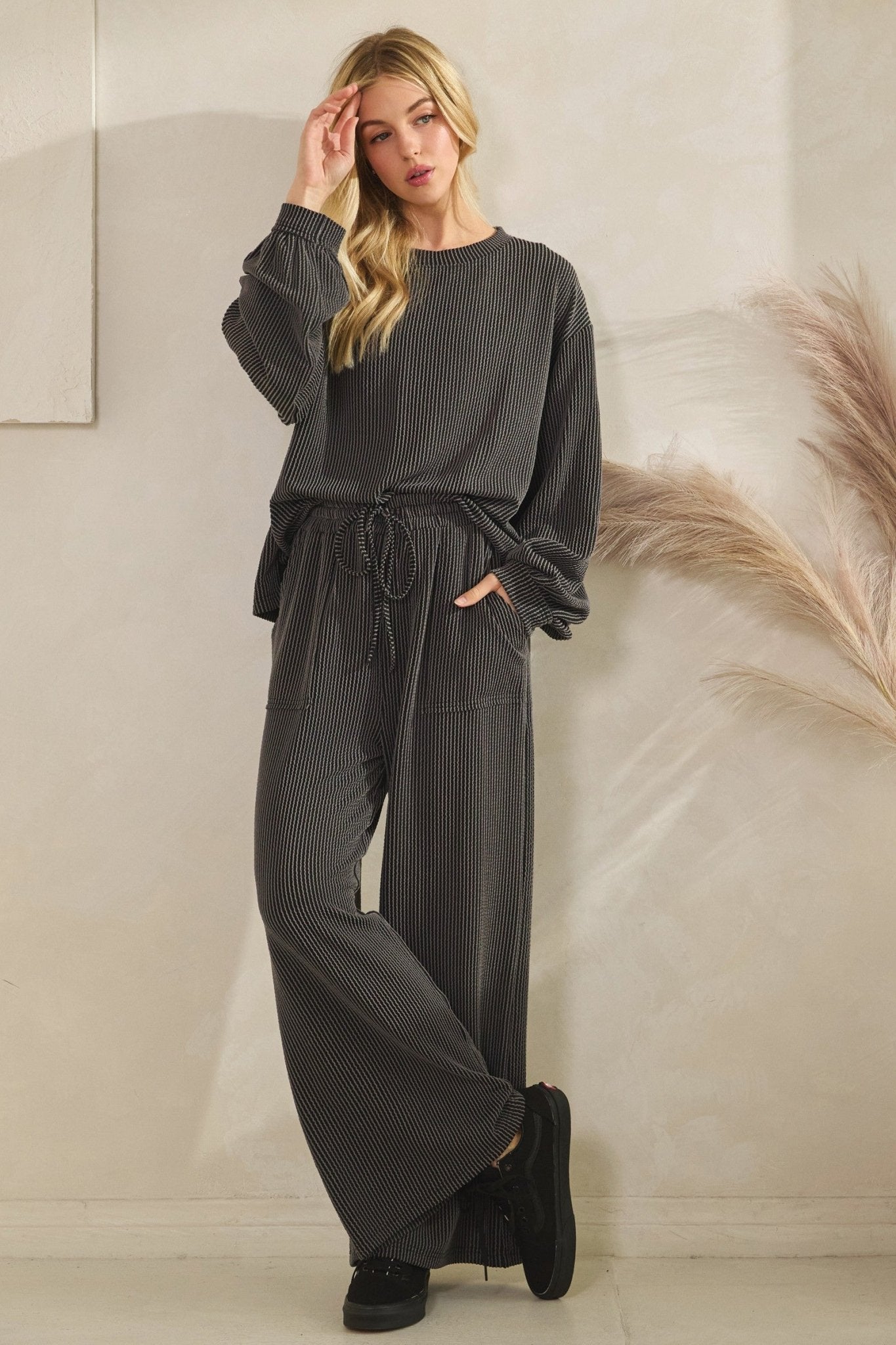 Ribbed Long Sleeve Top And Wide Leg Pant Set - Mainstream Boutique
