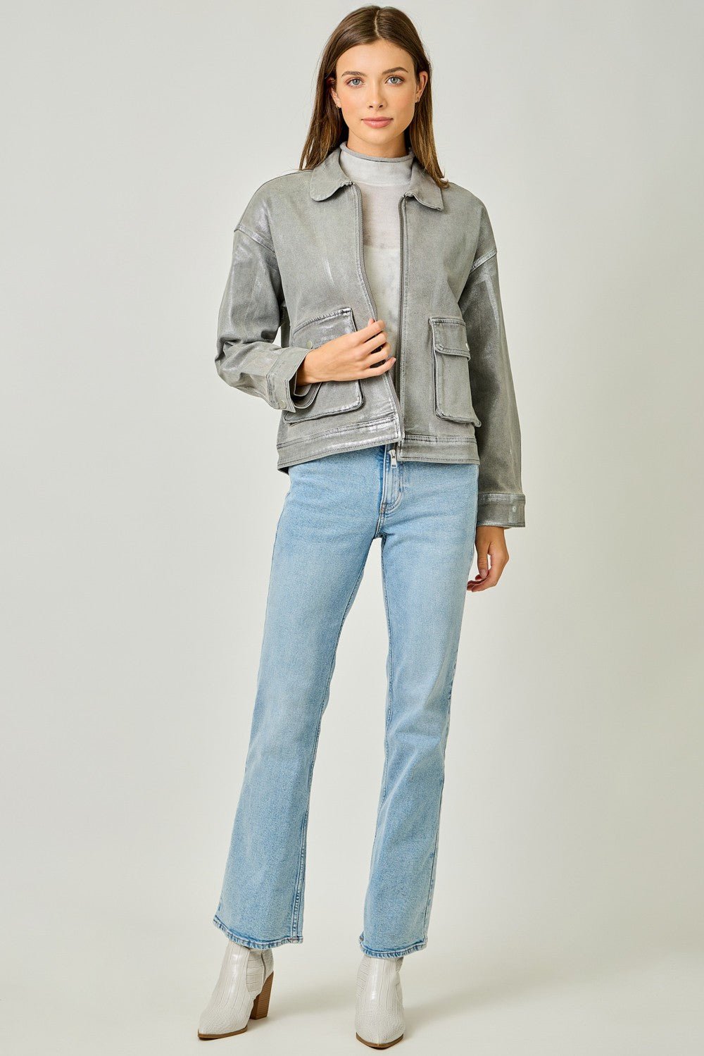 Metallic Washed Denim Jacket - Mainstream Boutique