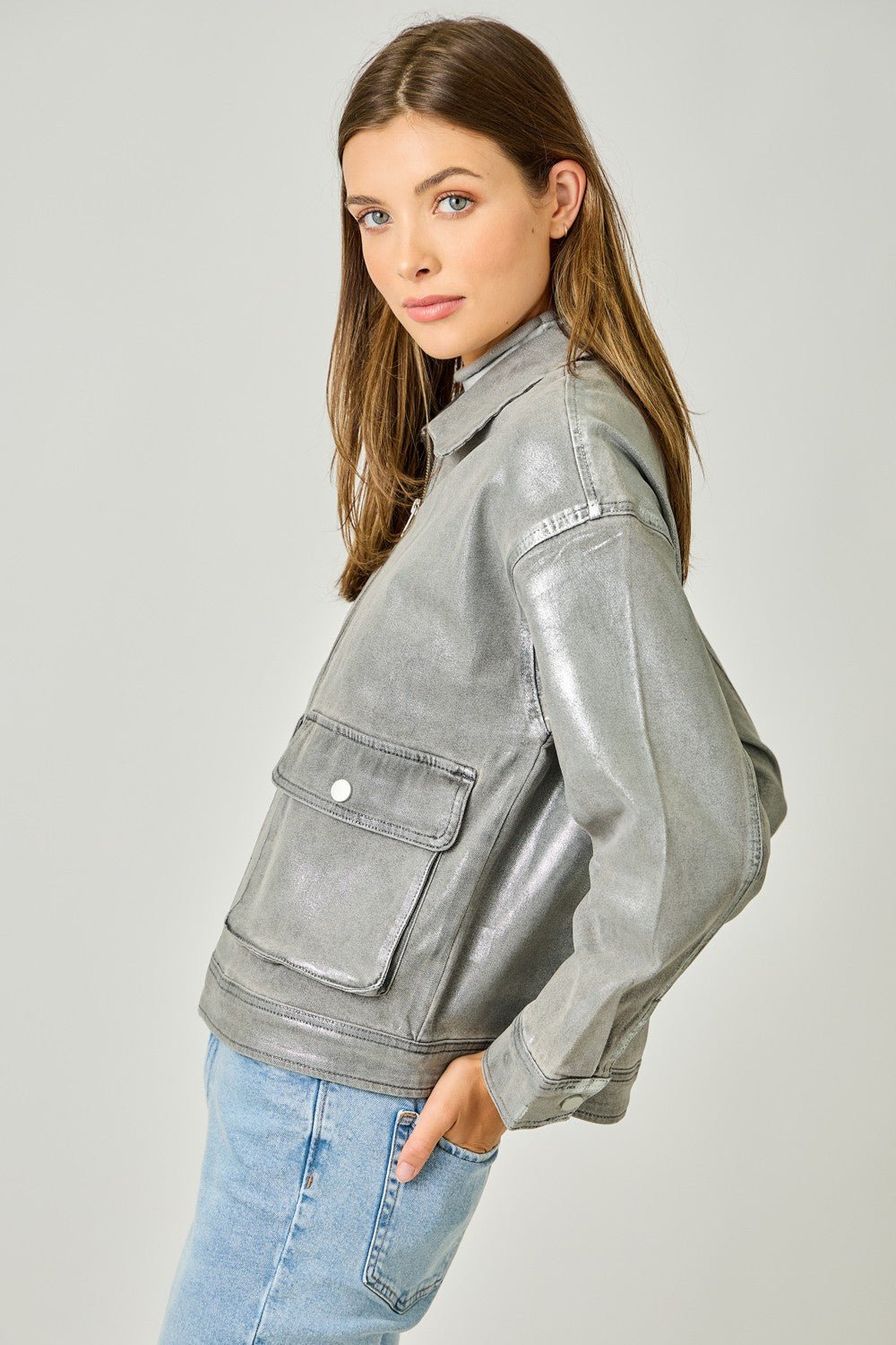 Metallic Washed Denim Jacket - Mainstream Boutique
