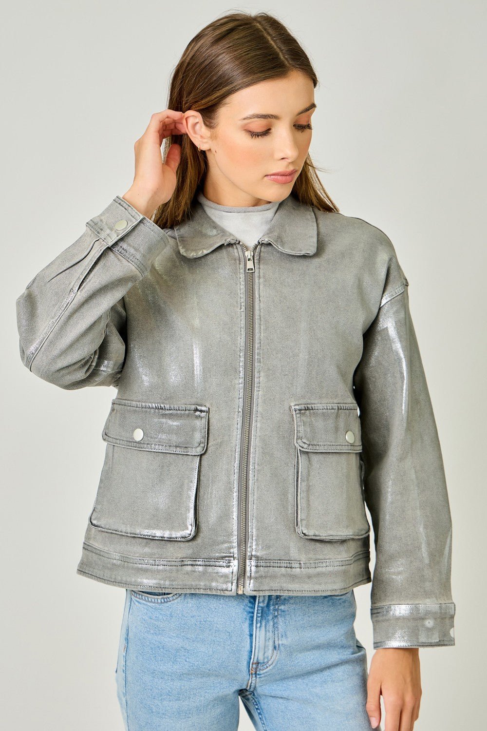 Metallic Washed Denim Jacket - Mainstream Boutique
