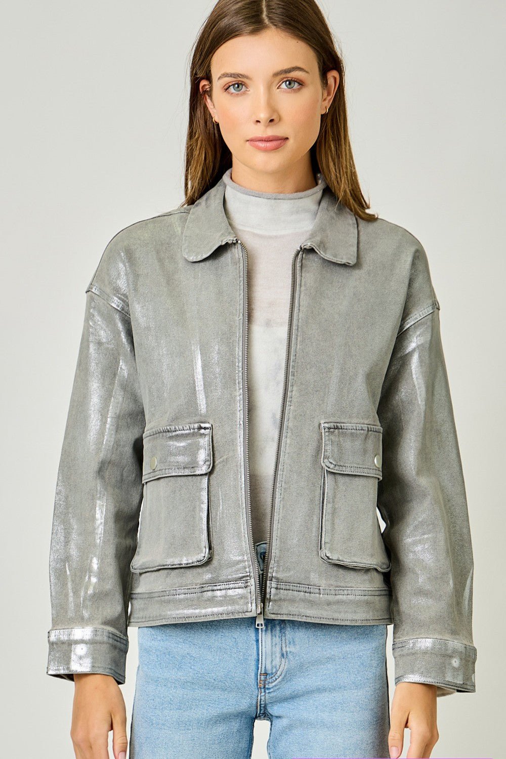 Metallic Washed Denim Jacket - Mainstream Boutique
