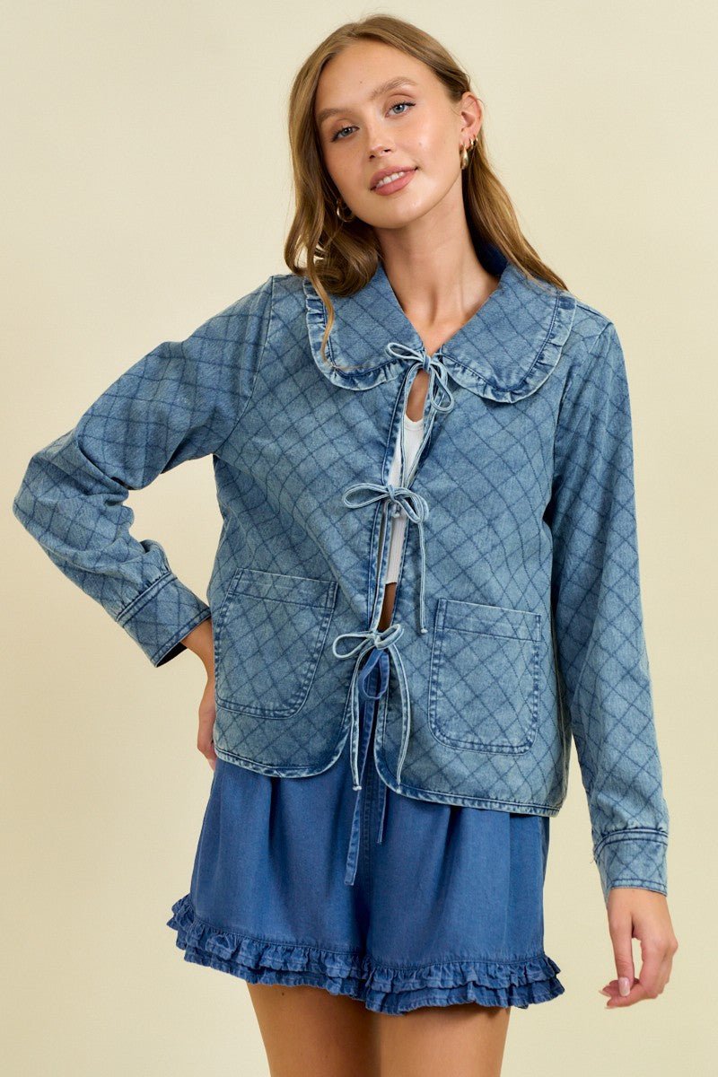 Ruffled Over Sized Collar Denim Quilted Jacket With Patch - Mainstream Boutique