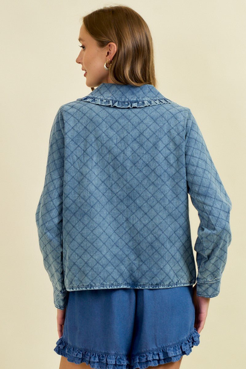 Ruffled Over Sized Collar Denim Quilted Jacket With Patch - Mainstream Boutique