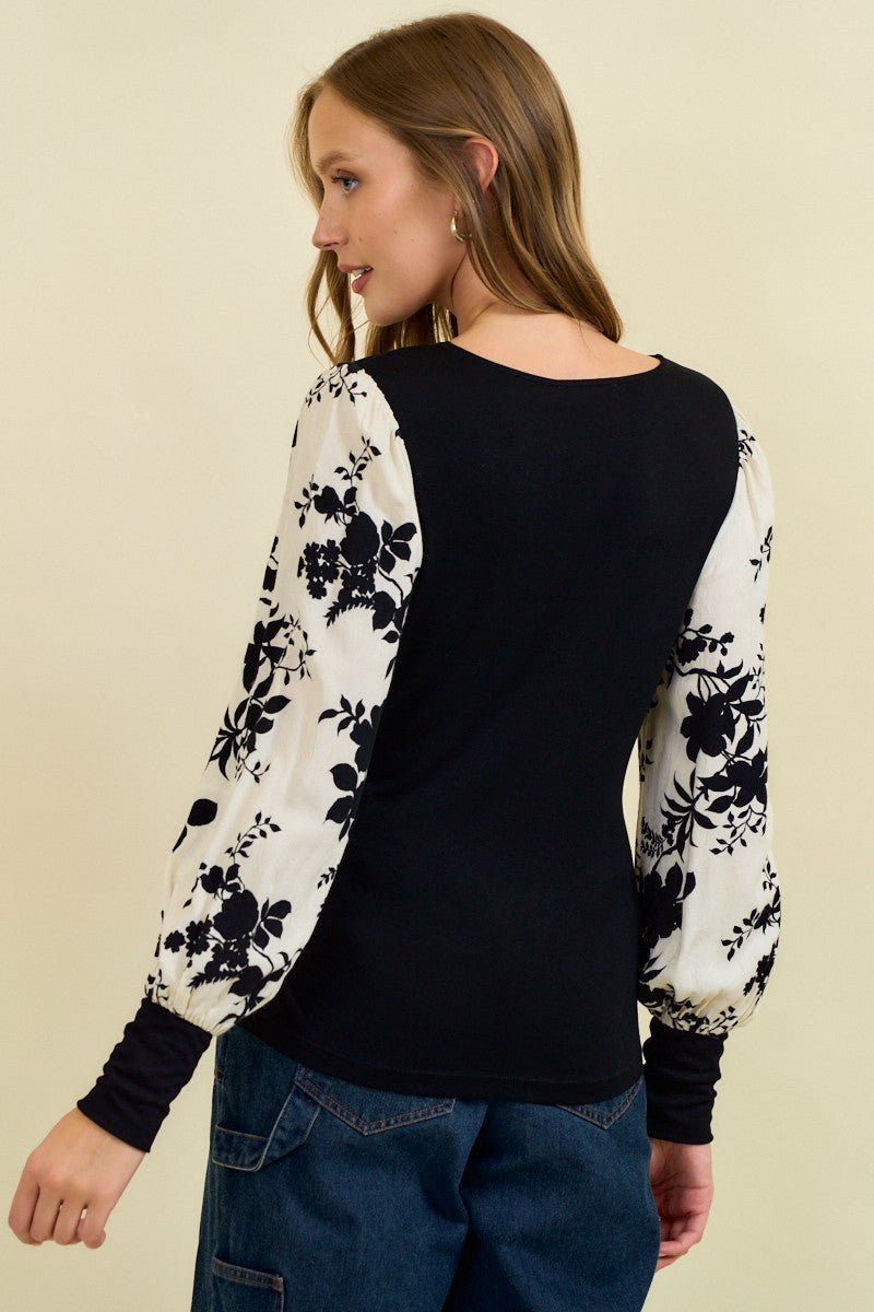 Floral Jacquard Contrast Sleeve Knit Top - Mainstream Boutique