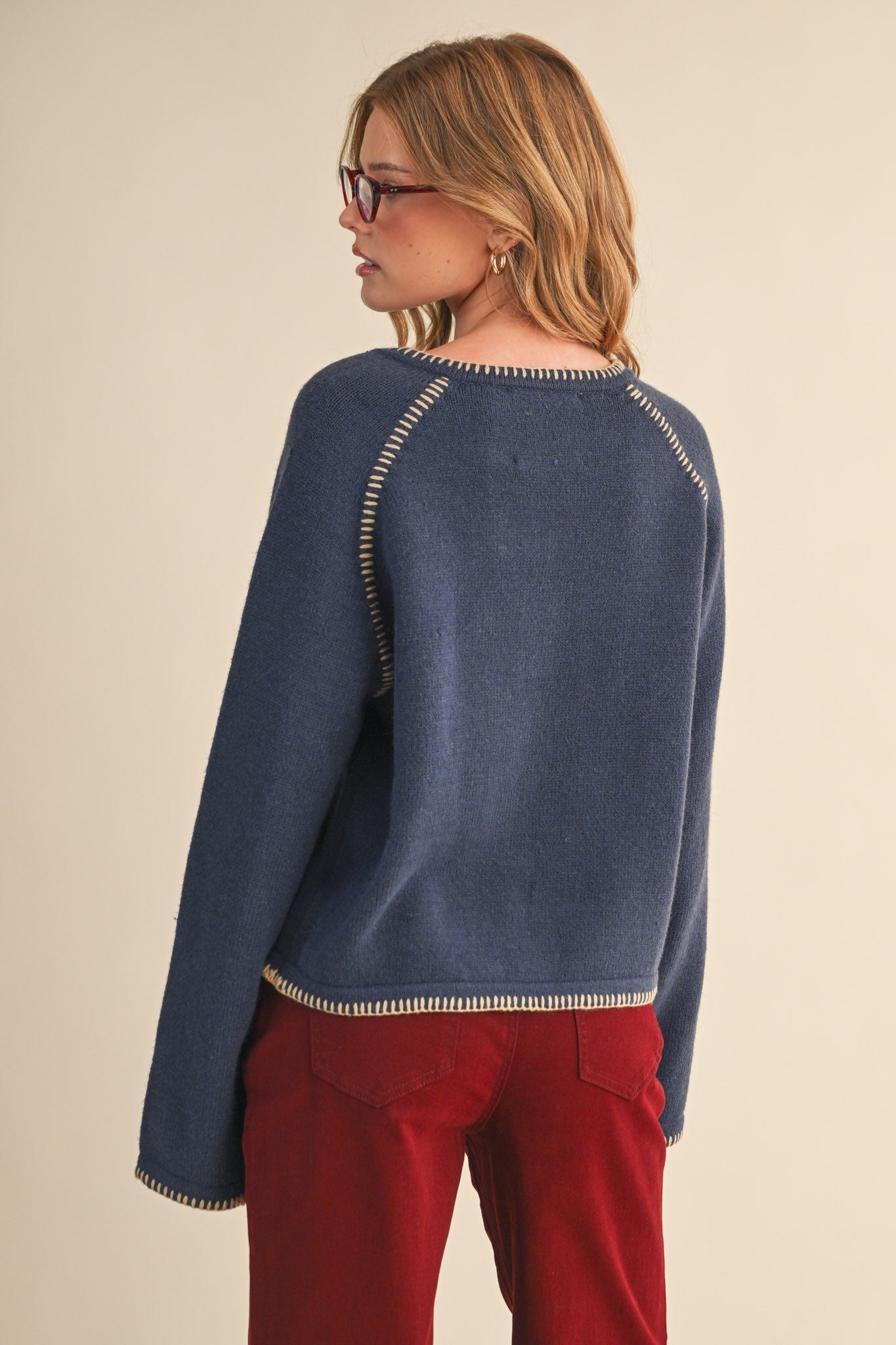 Contrast Blanket Stitch Sweater Cardigan - Mainstream Boutique