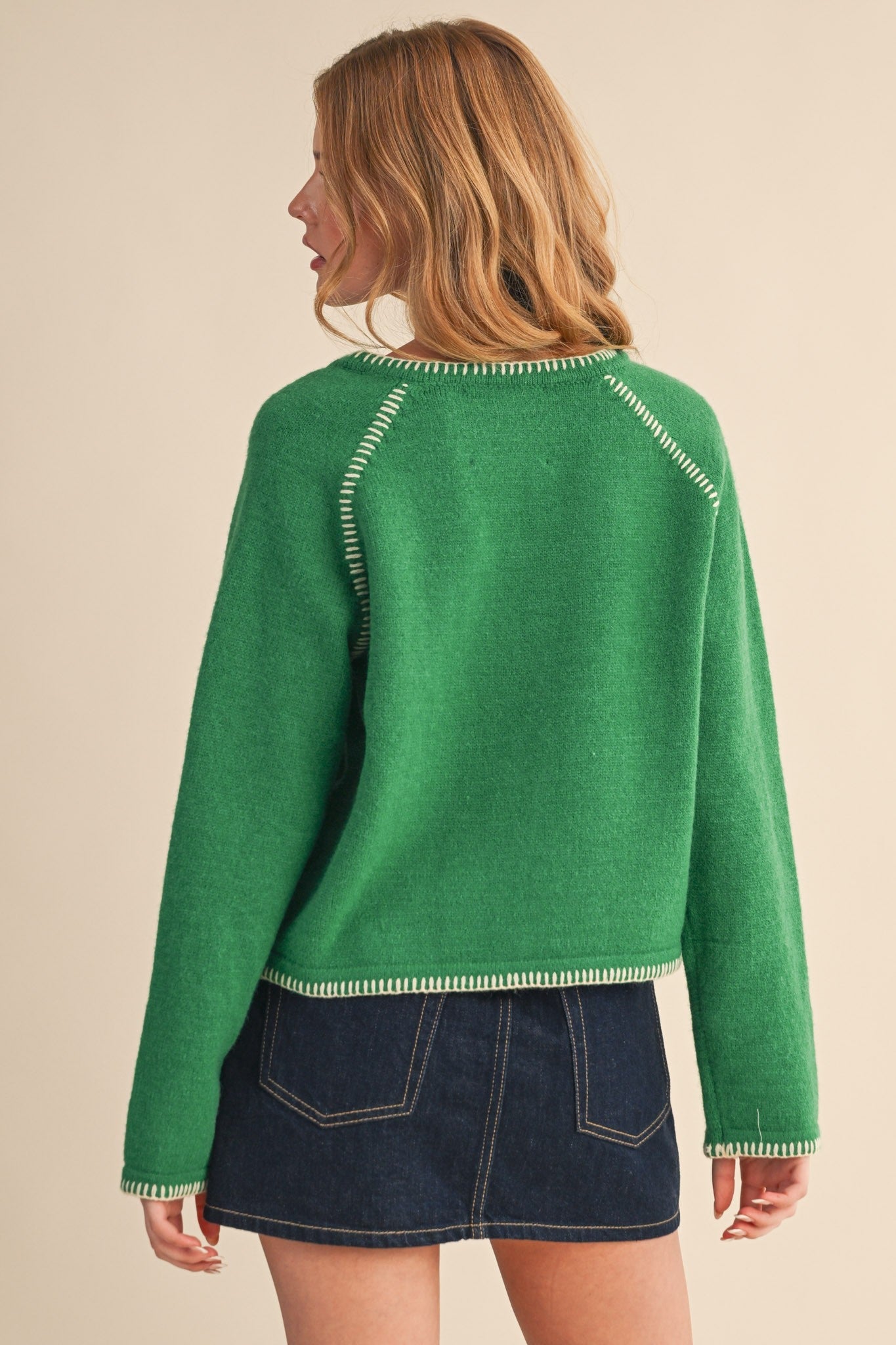 Contrast Blanket Stitch Sweater Cardigan - Mainstream Boutique
