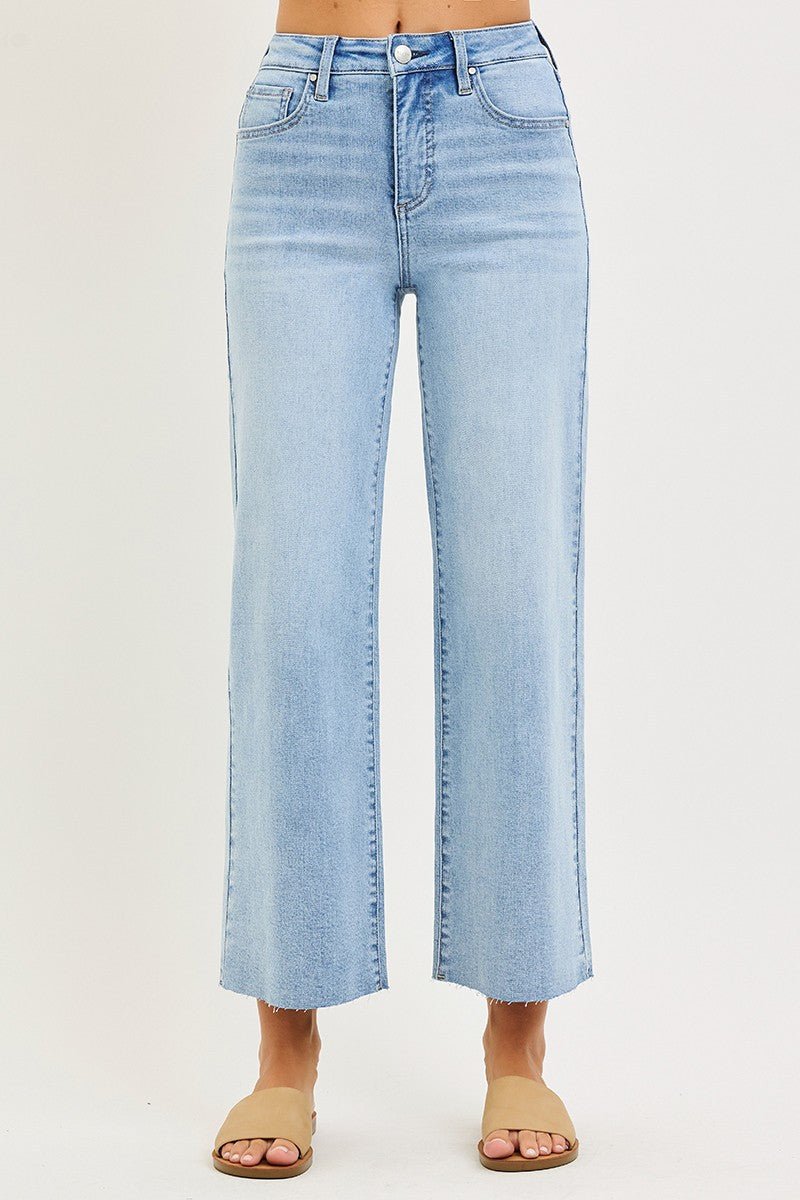 High Rise Wide Leg Jean With Raw Hem - Light Wash - Mainstream Boutique