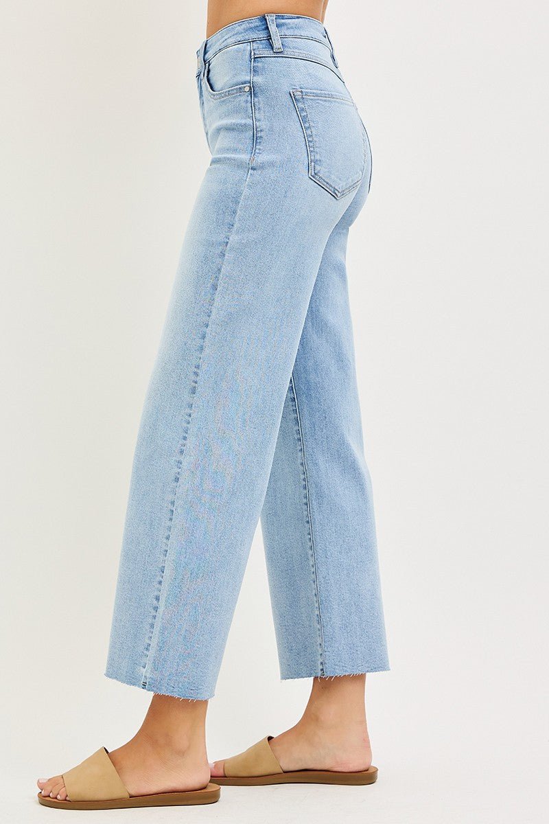 High Rise Wide Leg Jean With Raw Hem - Light Wash - Mainstream Boutique