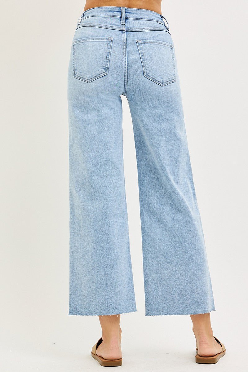 High Rise Wide Leg Jean With Raw Hem - Light Wash - Mainstream Boutique