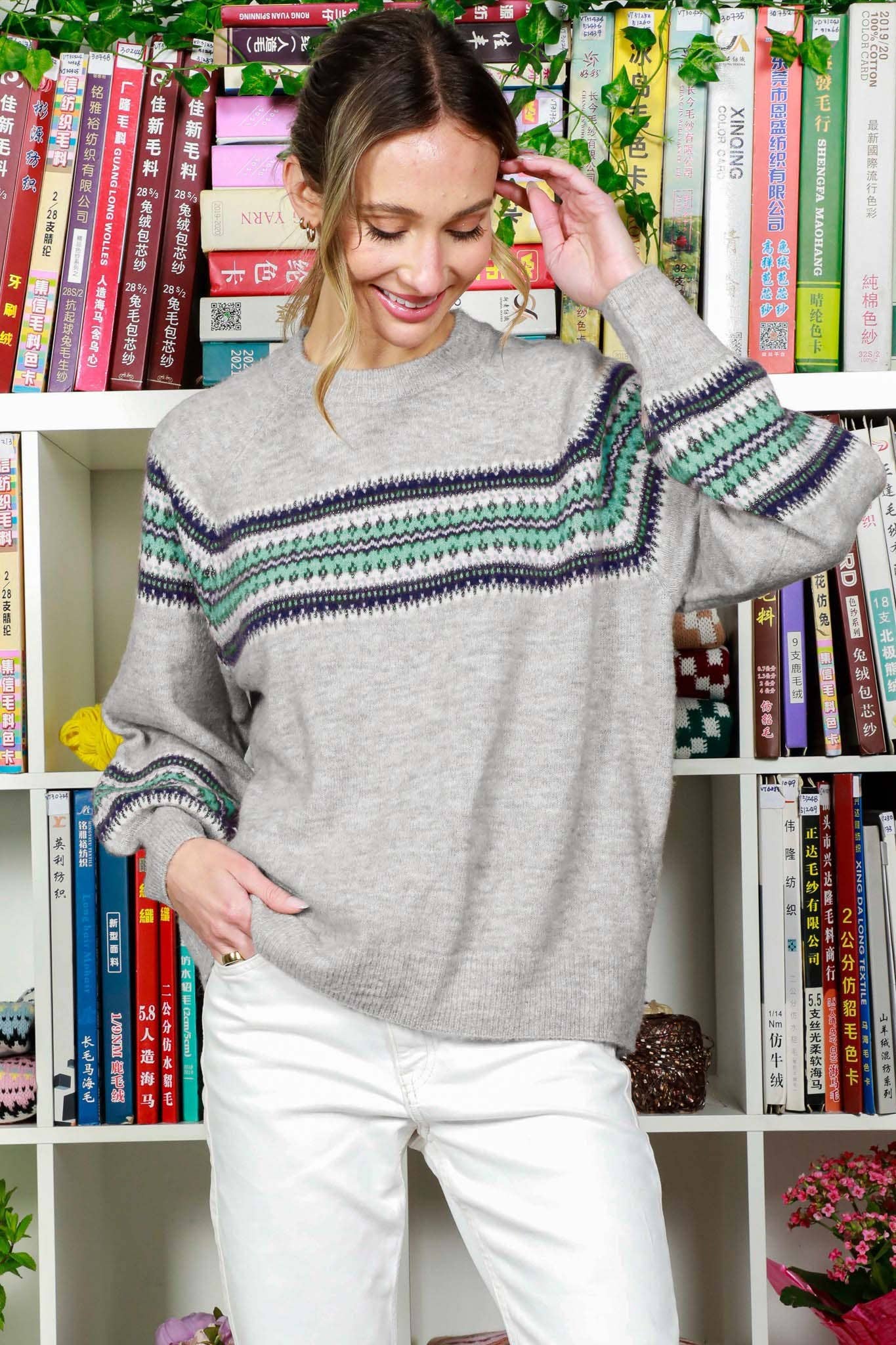 Crew Neck Balloon Sleeve Geo Pattern Printed Sweater - Mainstream Boutique