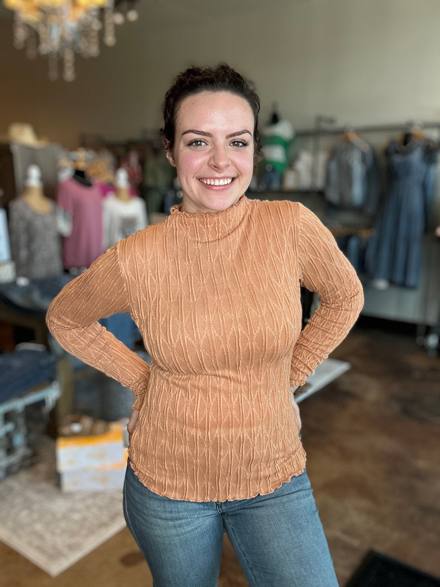 Ruched Mock Neck Textured Top - Mainstream Boutique