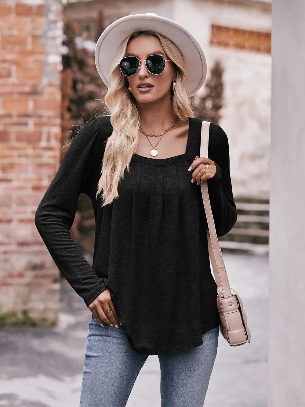 Pleated Square Neck Long Sleeve Top - Mainstream Boutique