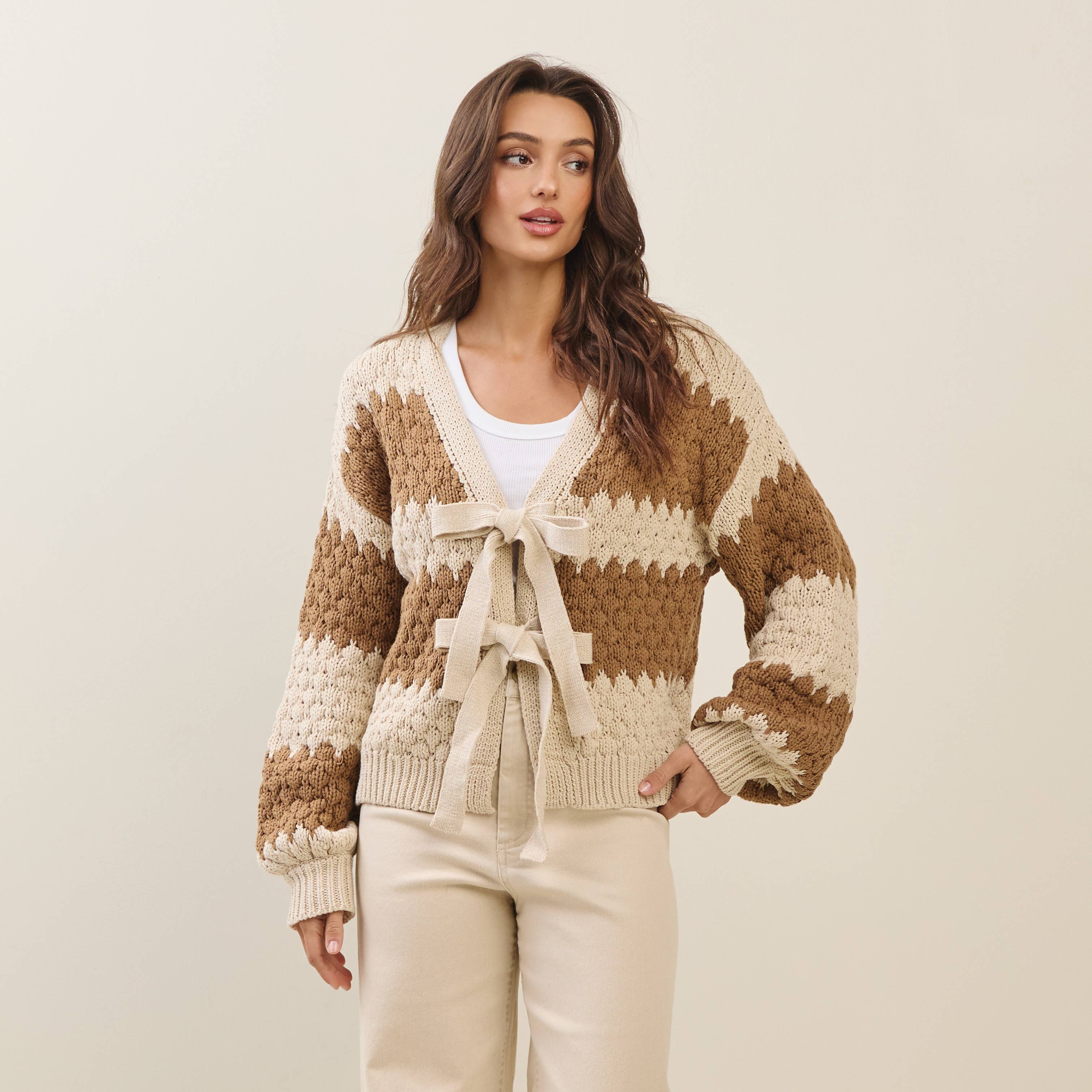 Brown and Beige Striped Cardigan Sweater