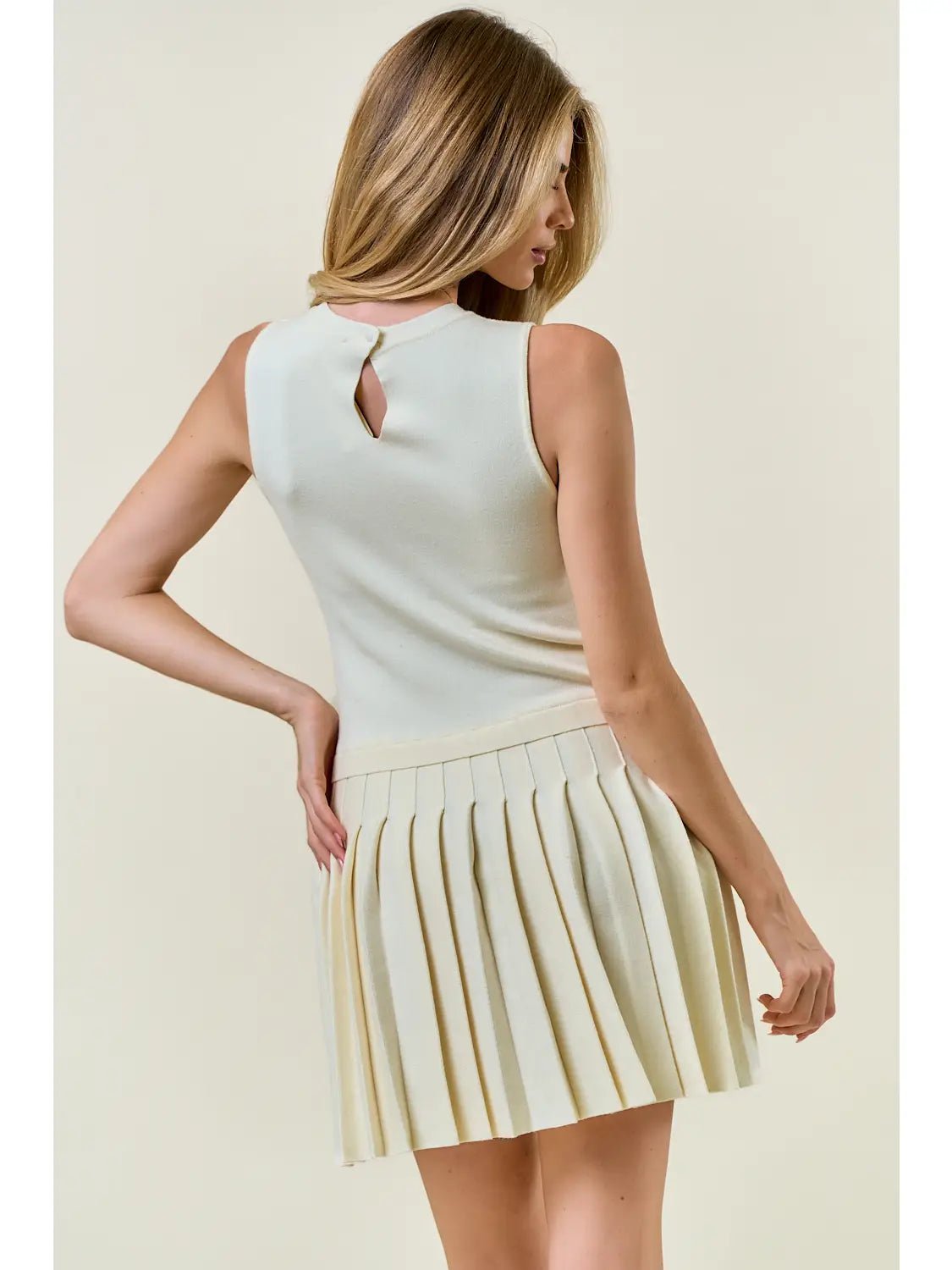 Pleated Knit Mini Dress With Keyhole Back - Mainstream Boutique
