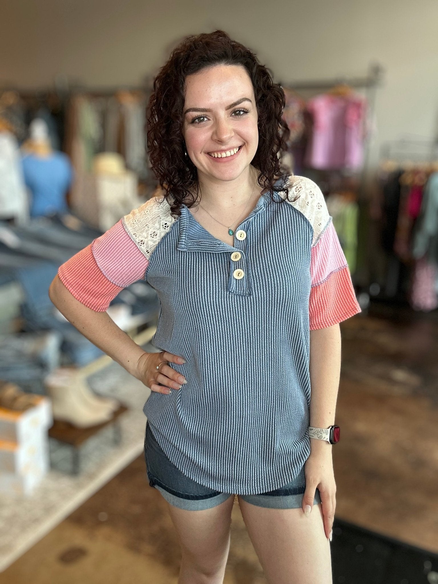 Ribbed Color Block Henley Top - Mainstream Boutique