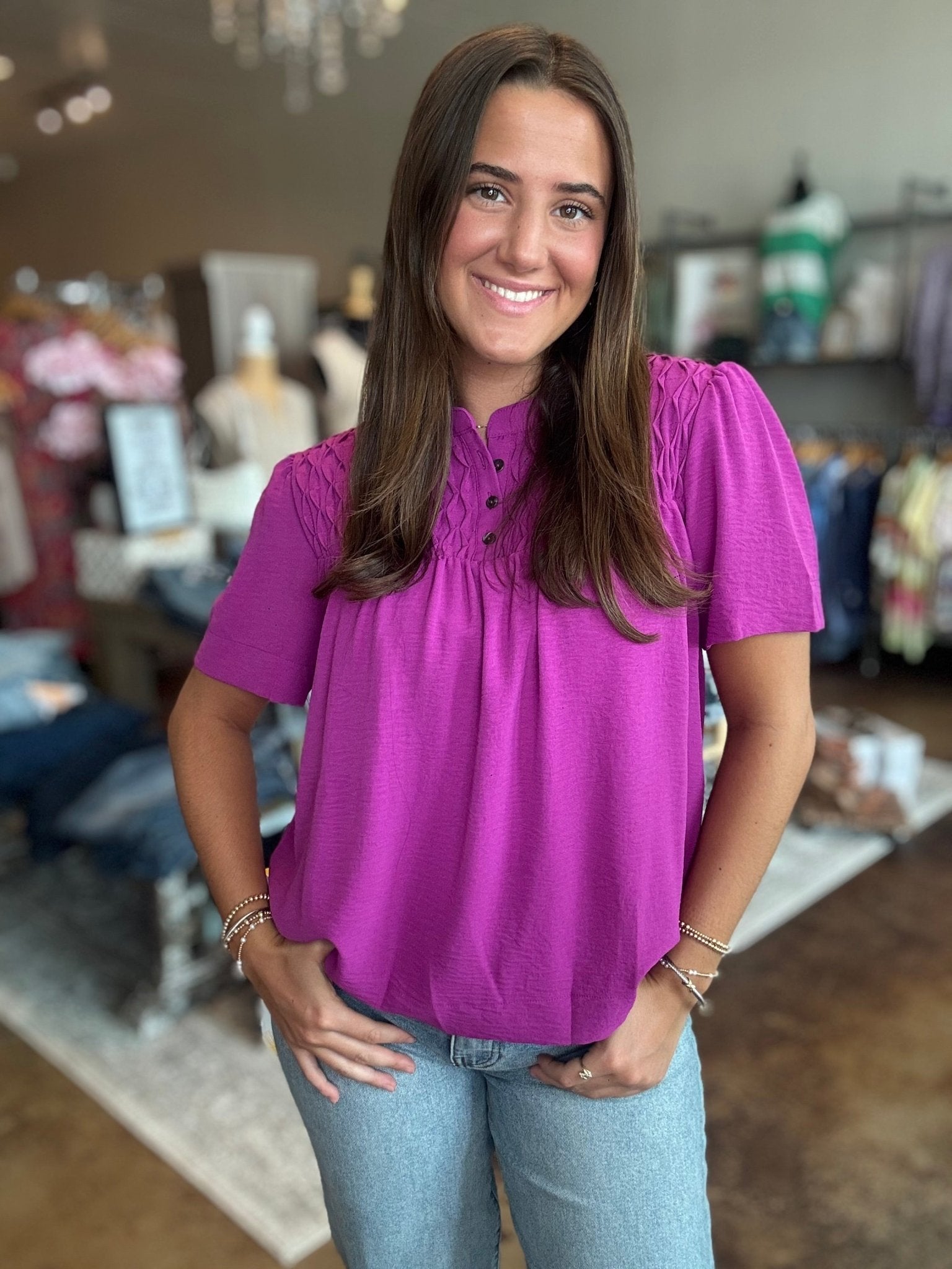 Half Sleeve Pintuck Woven Top - Mainstream Boutique