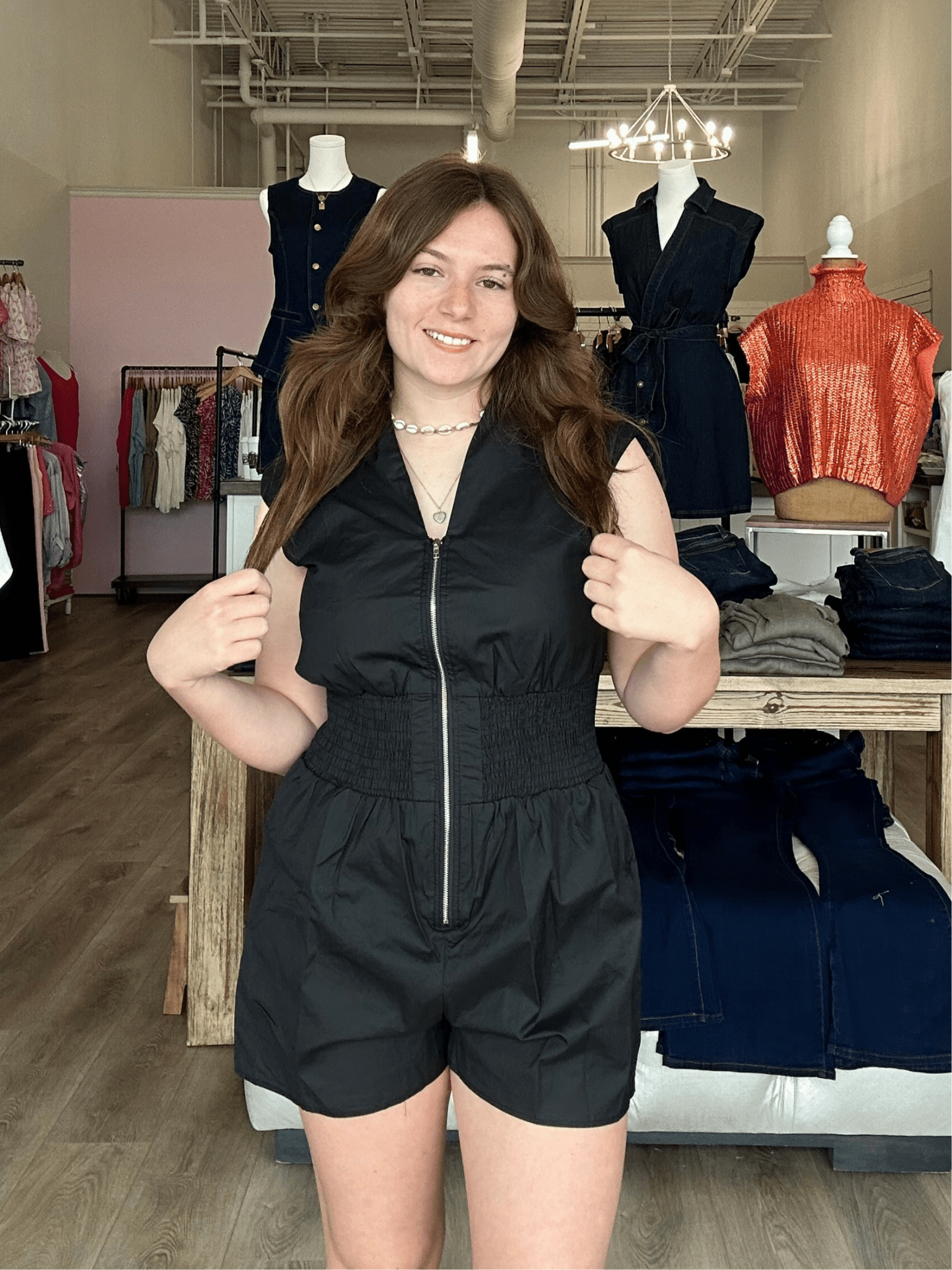 CAP SLEEVE WOVEN SMOCKED WAIST FRONT ZIP ROMPER W/POCKETS - Mainstream Boutique
