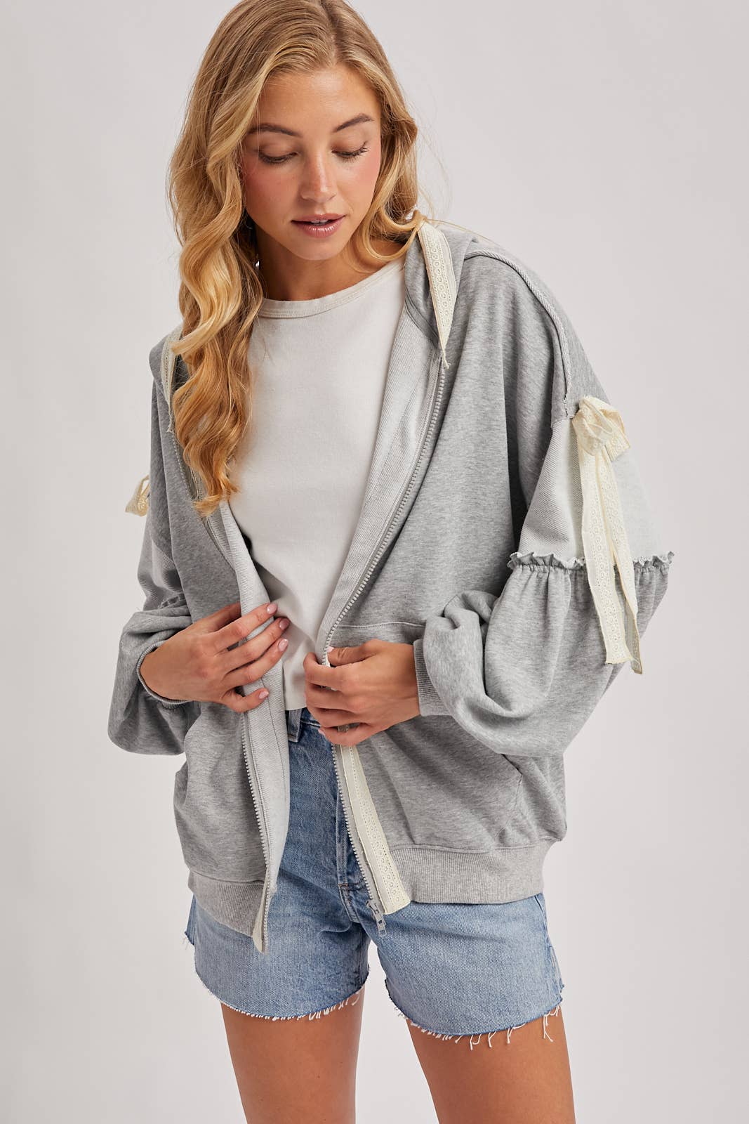 BALLOON SLEEVE LACE TRIMMED ZIPPER FRONT HOODIE OUTERWEAR - Mainstream Boutique