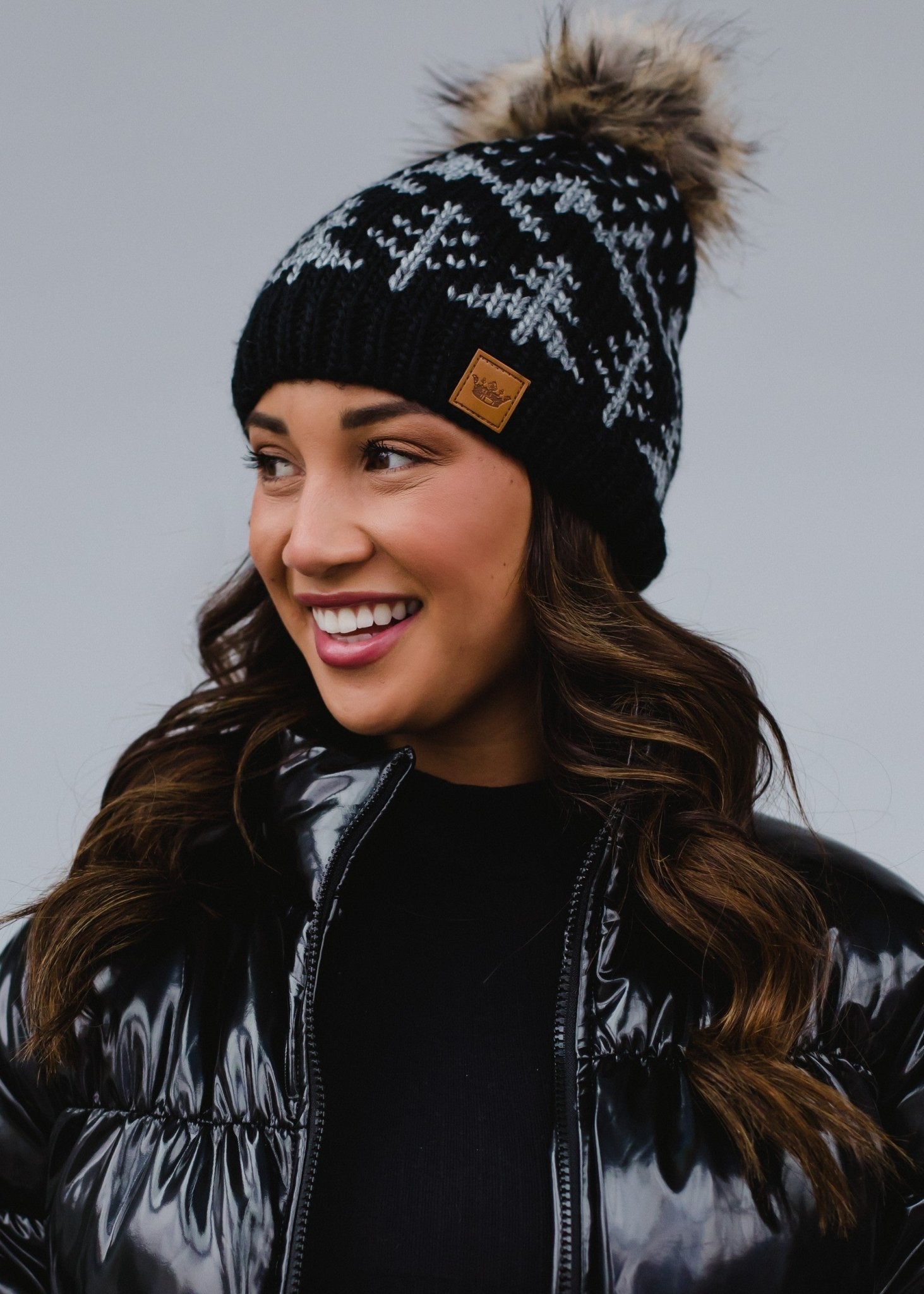 Black W/ Grey Winter Pattern Pom Hat - Mainstream Boutique