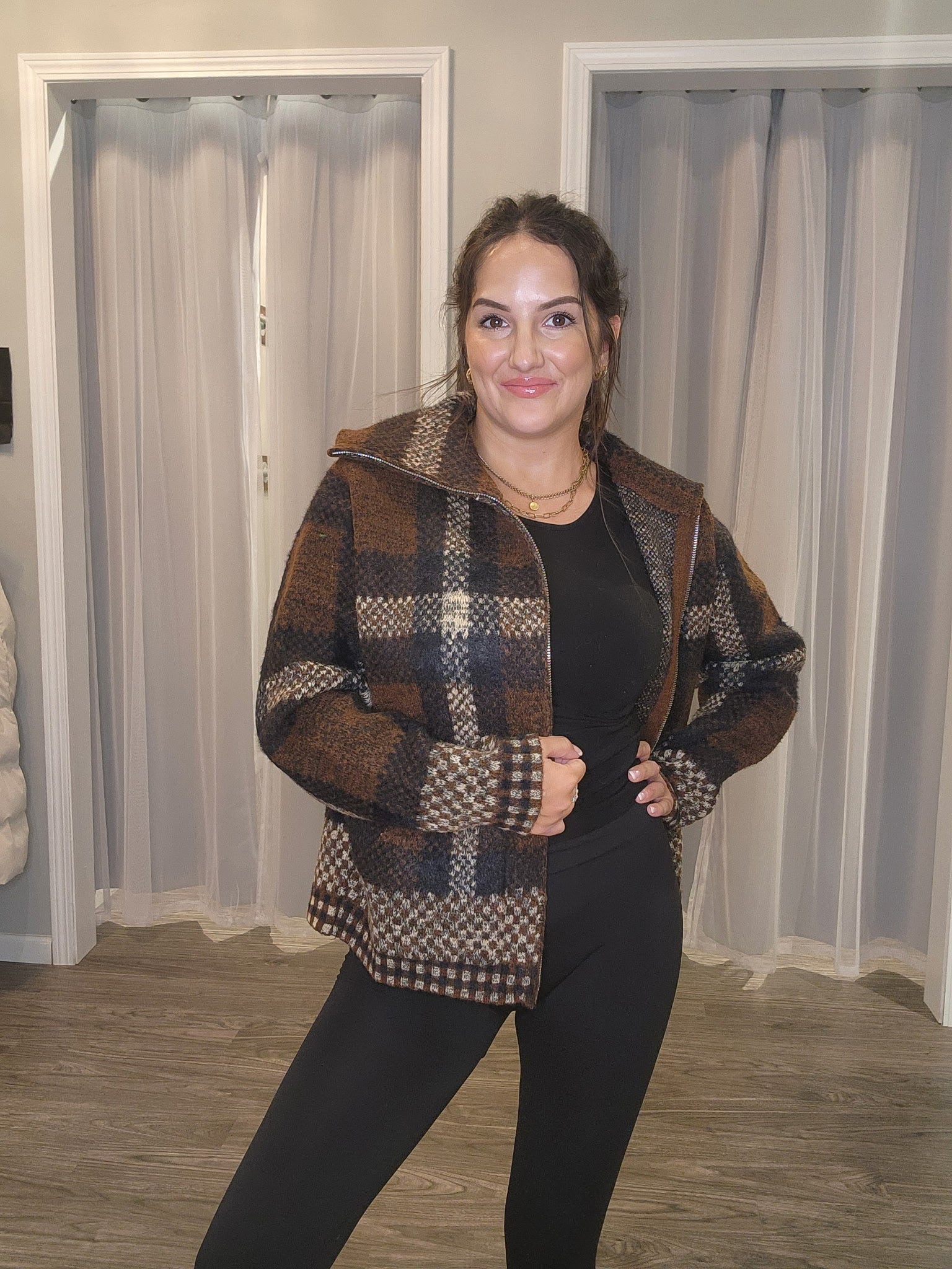 Plaid Zipper Front Wide Collar Fuzzy Knit Sweater Jacket - Mainstream Boutique