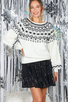 Fair Isle Glitter Yarn Accents Cozy Knitted Sweater - Mainstream Boutique