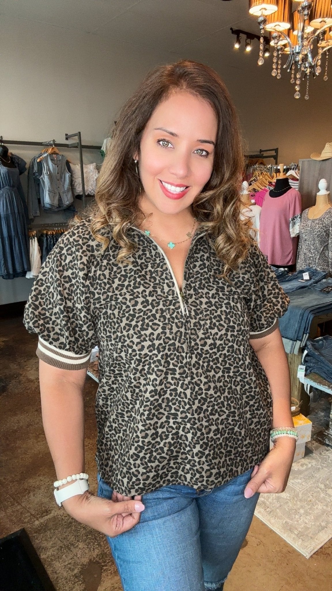Leopard Half - Zip Puff Sleeve Top - Mainstream Boutique
